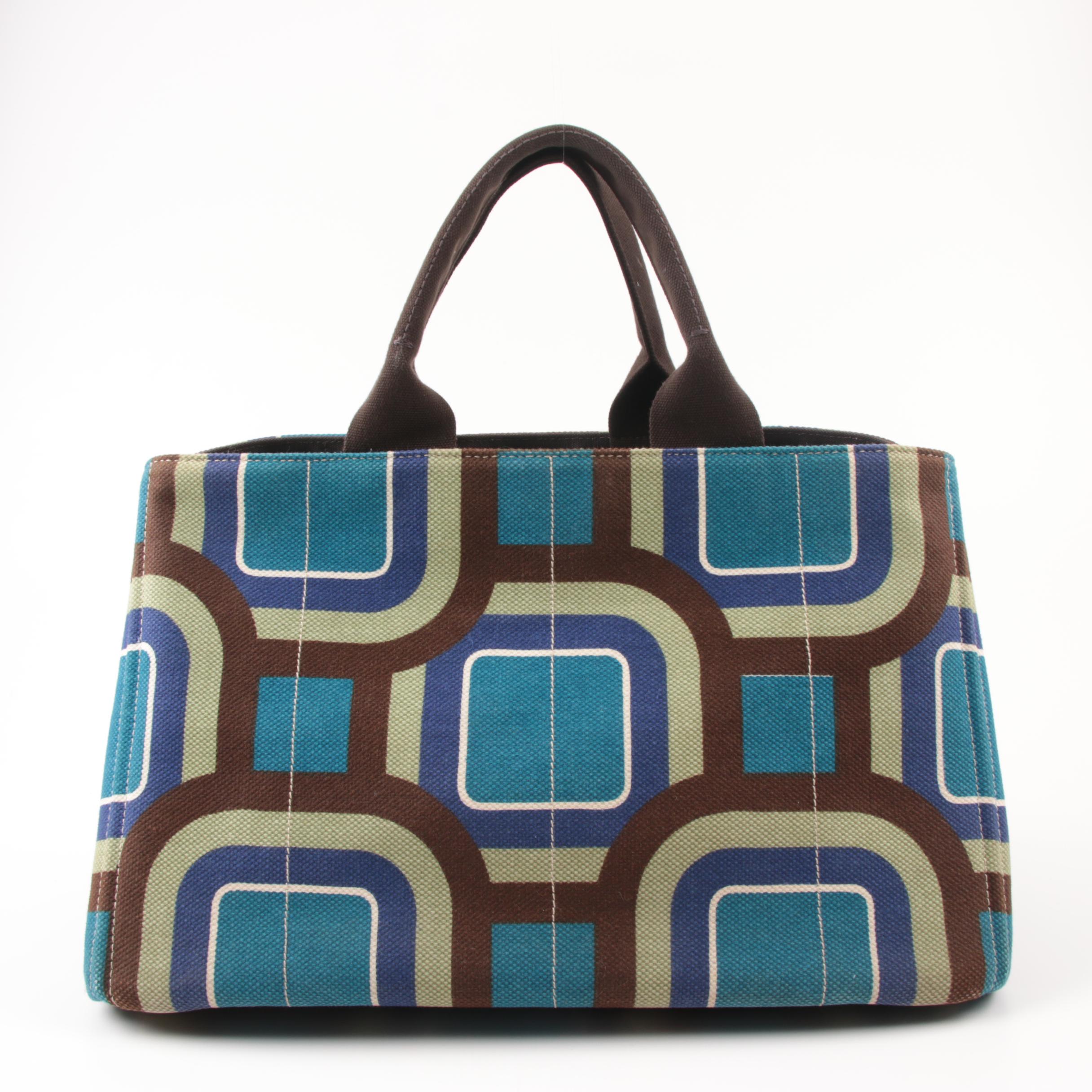 Prada Canapa Stampata Azzurro Soho Canvas Large Tote