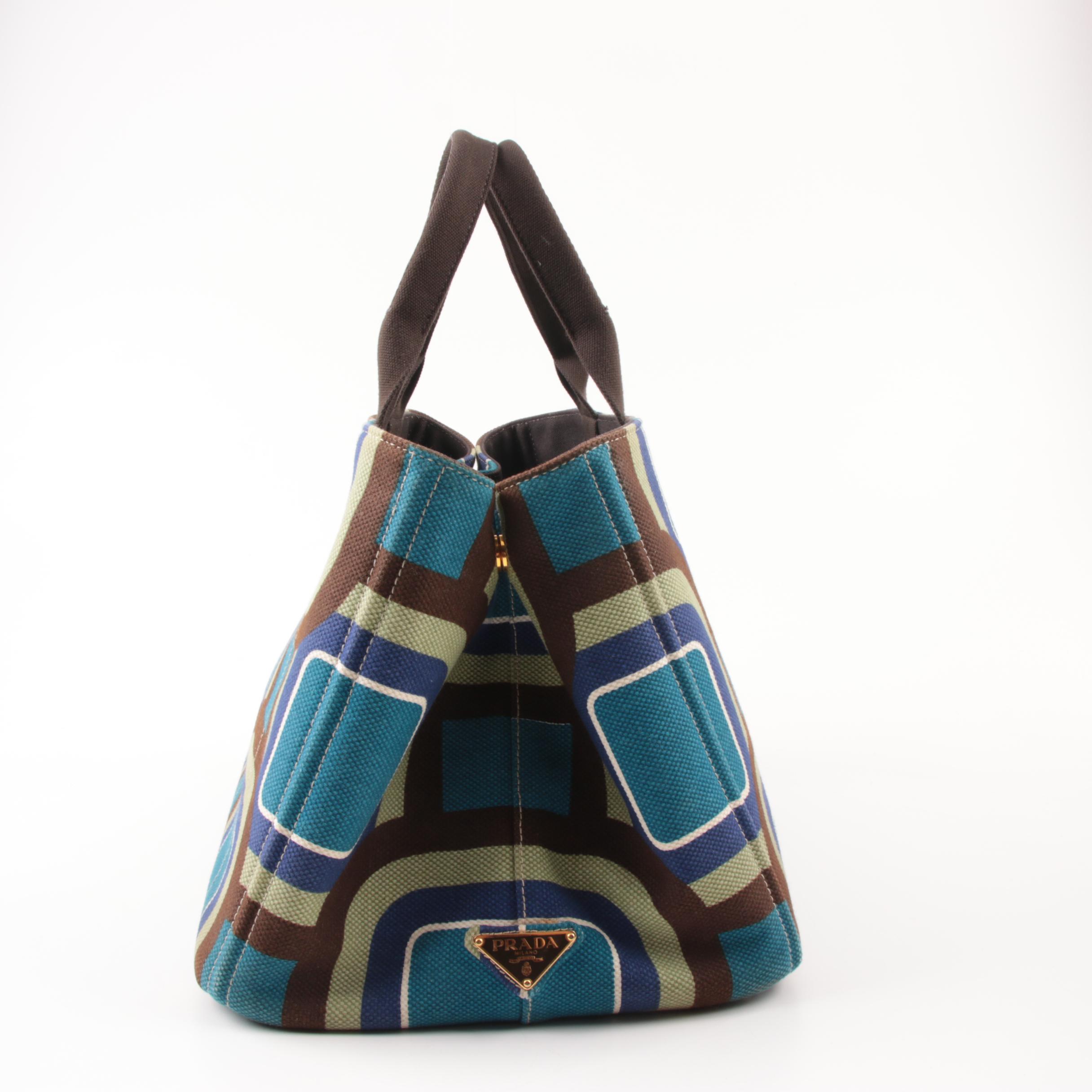 Prada Canapa Stampata Azzurro Soho Canvas Large Tote