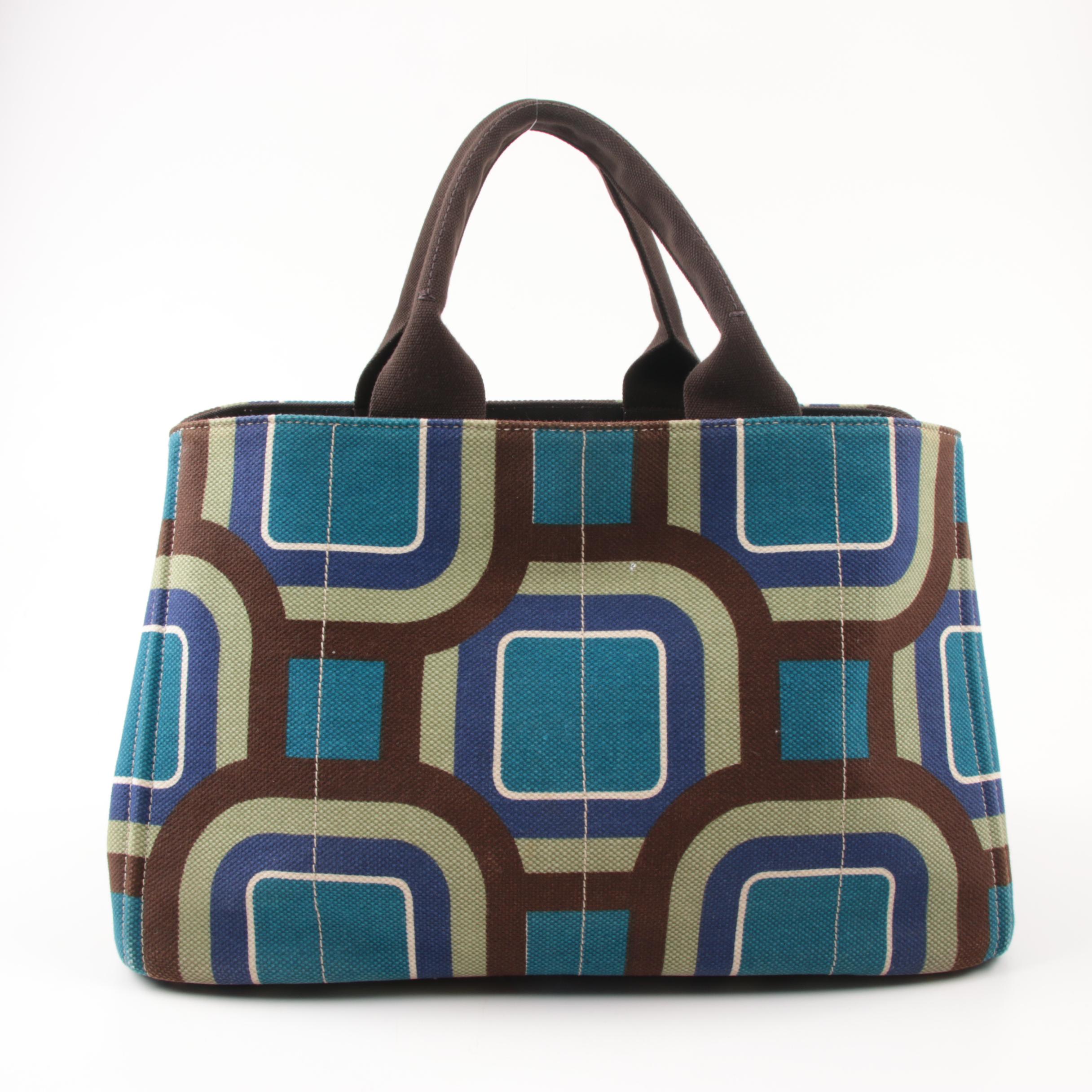 Prada Canapa Stampata Azzurro Soho Canvas Large Tote