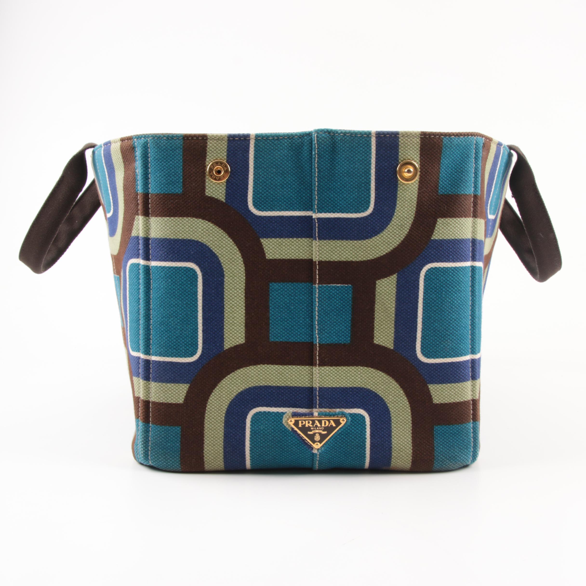 Prada Canapa Stampata Azzurro Soho Canvas Large Tote