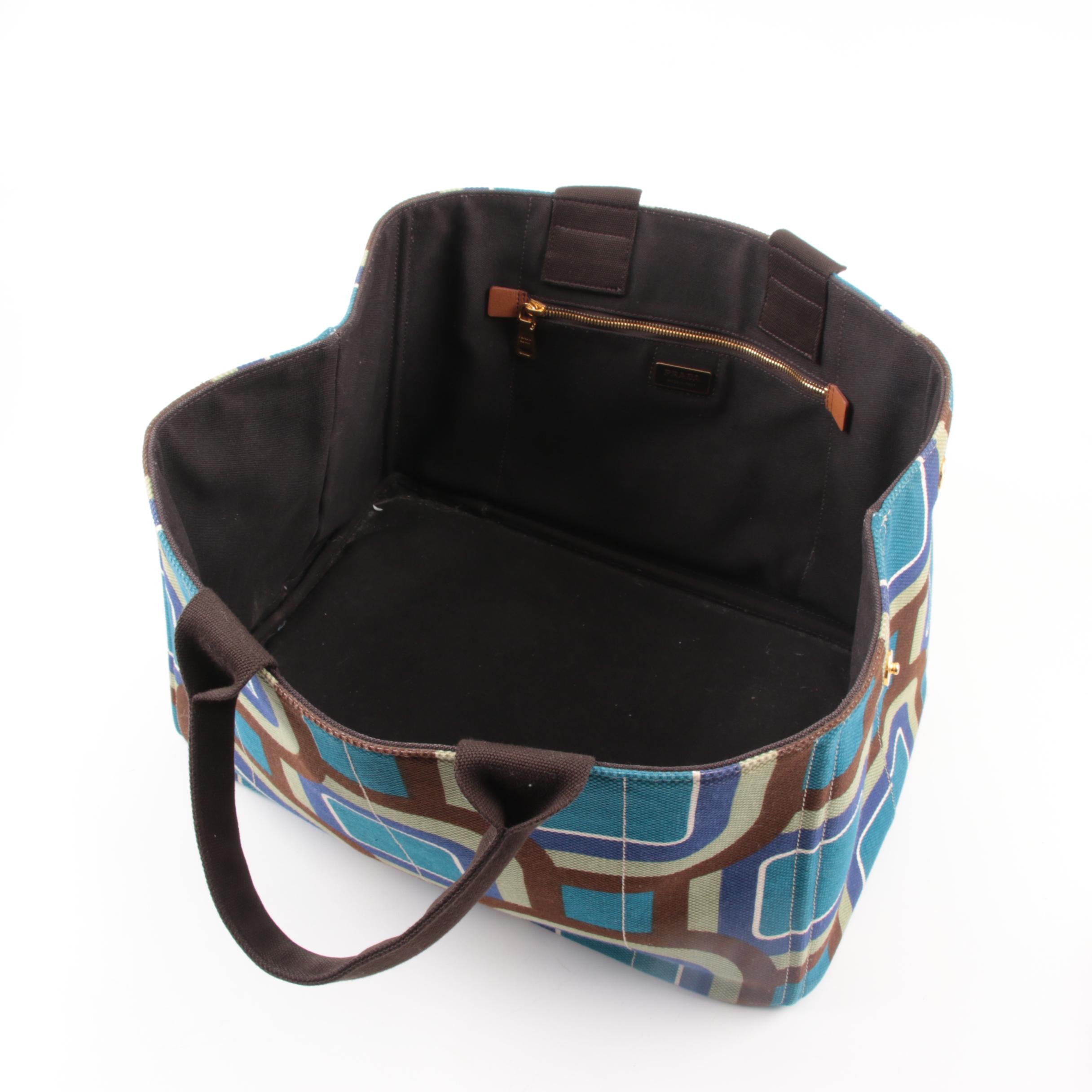 Prada Canapa Stampata Azzurro Soho Canvas Large Tote