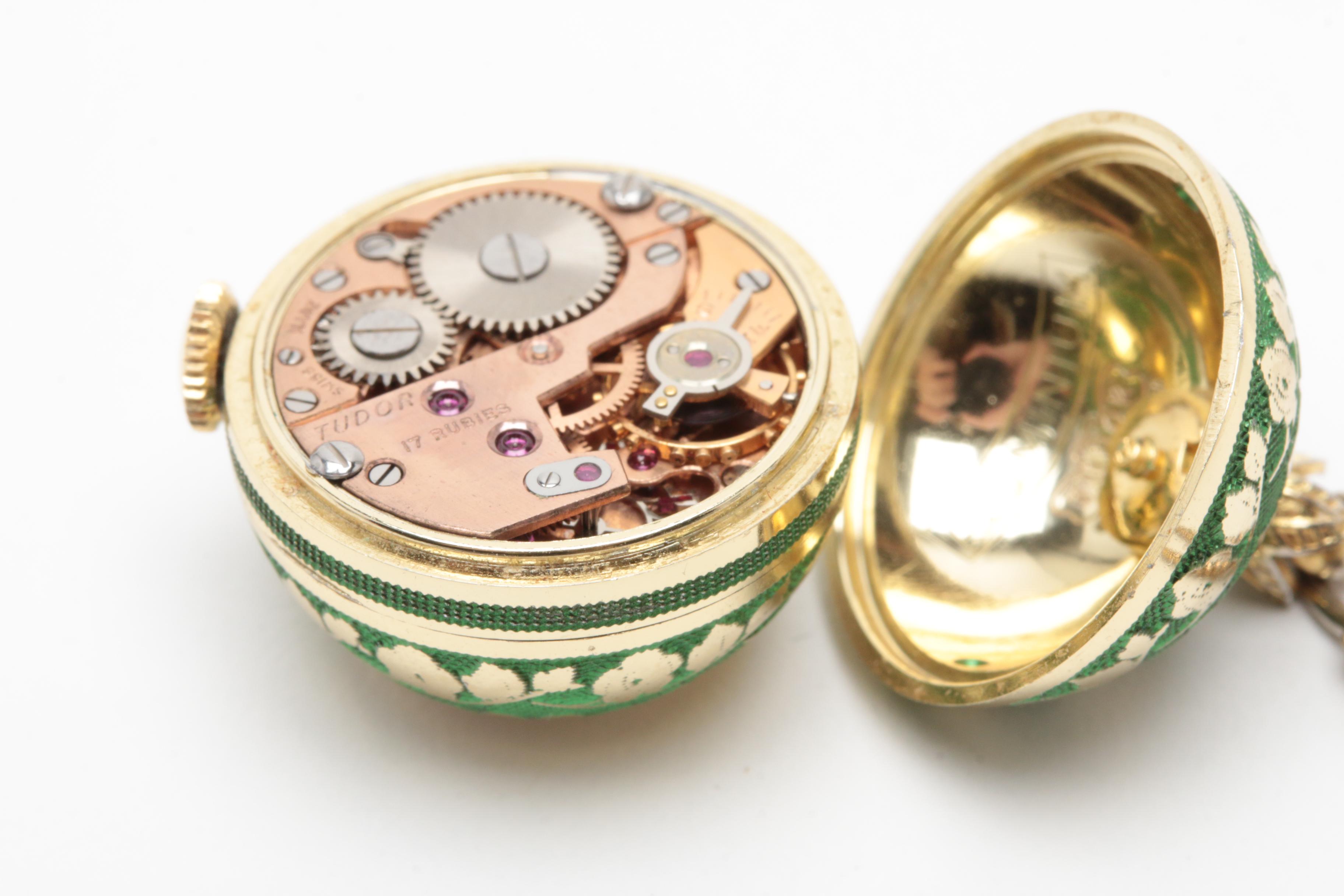 Vintage Tudor Aluminum and Enamel on Guilloche Ball Pendant Necklace Watch