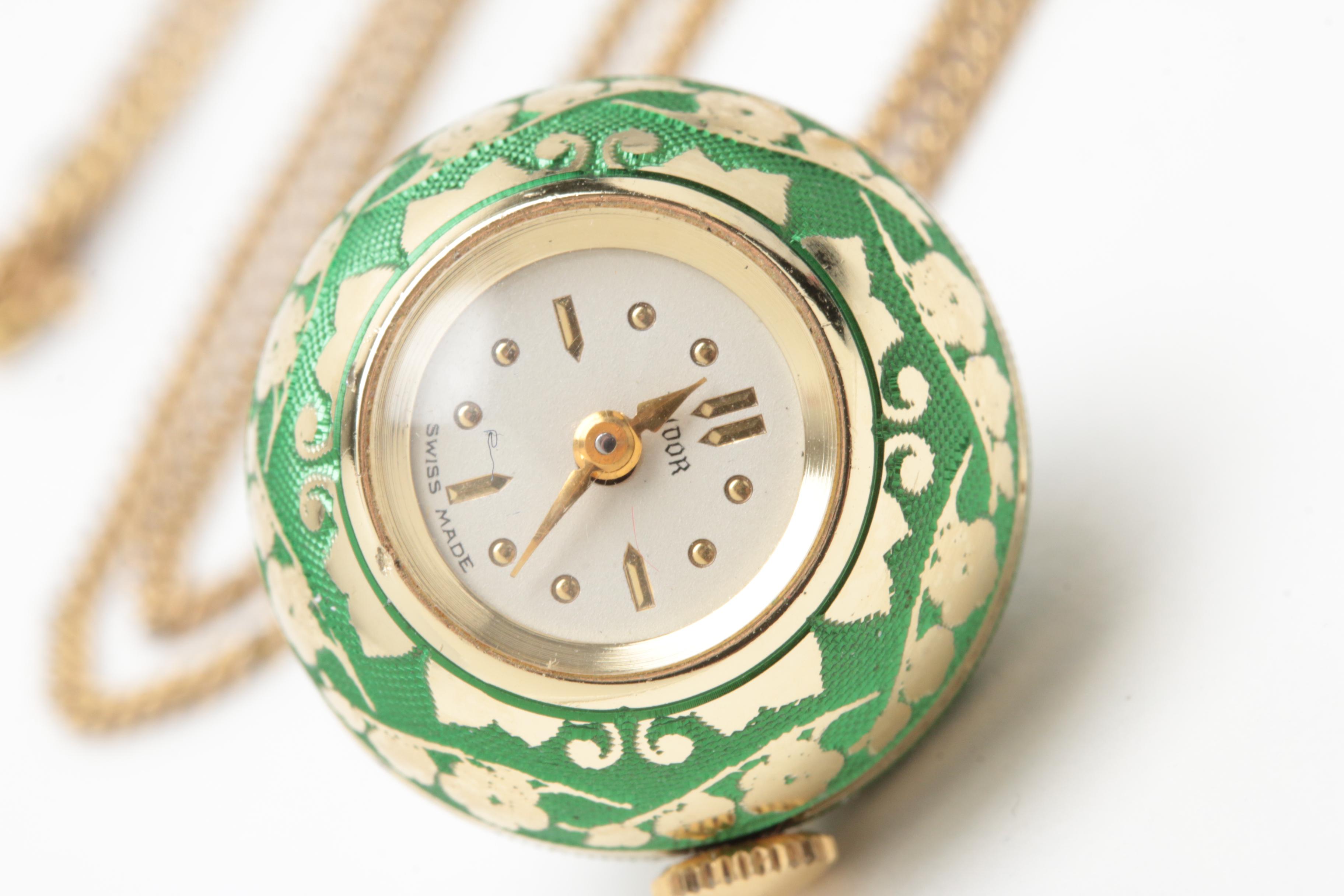 Vintage Tudor Aluminum and Enamel on Guilloche Ball Pendant Necklace Watch