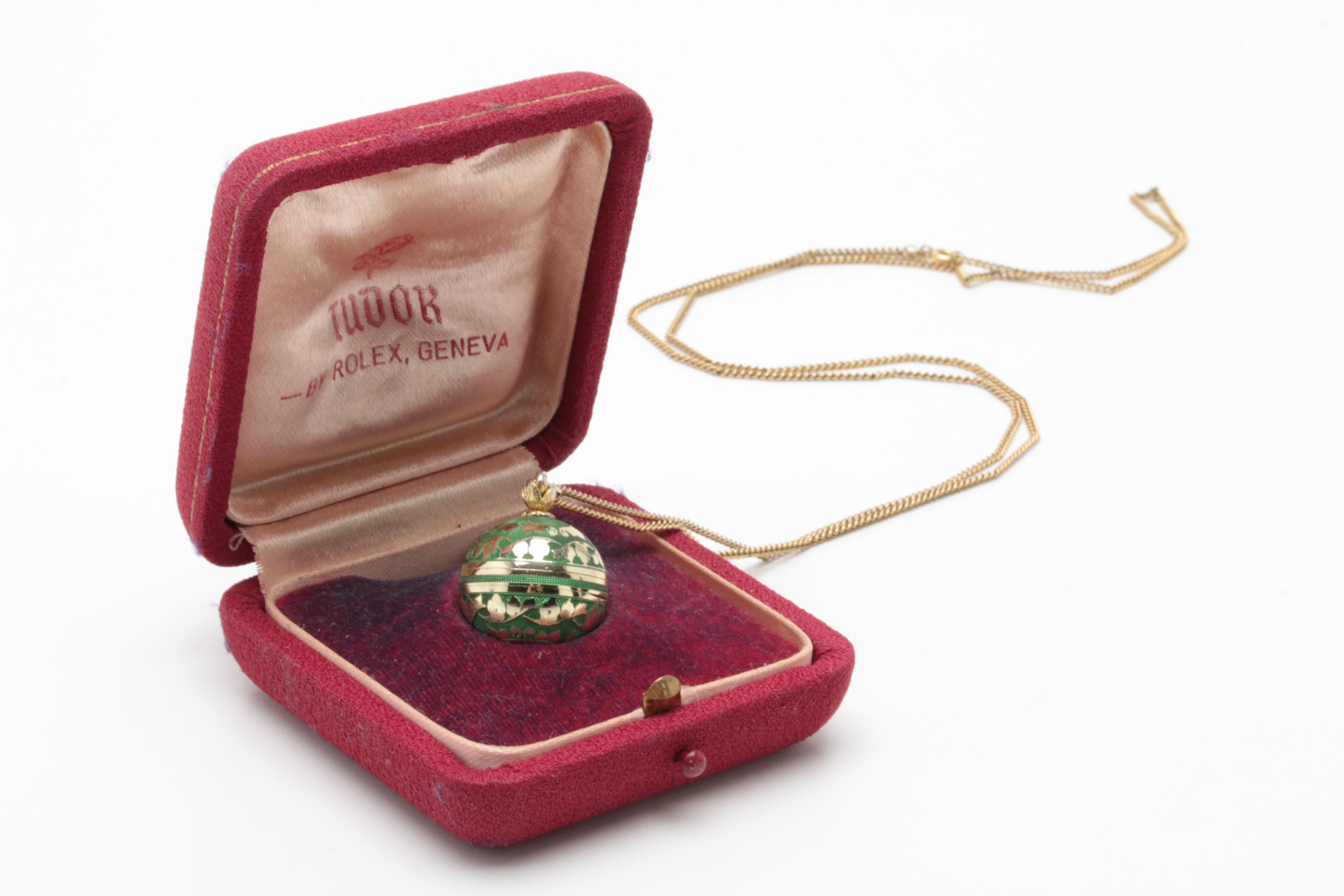 Vintage Tudor Aluminum and Enamel on Guilloche Ball Pendant Necklace Watch