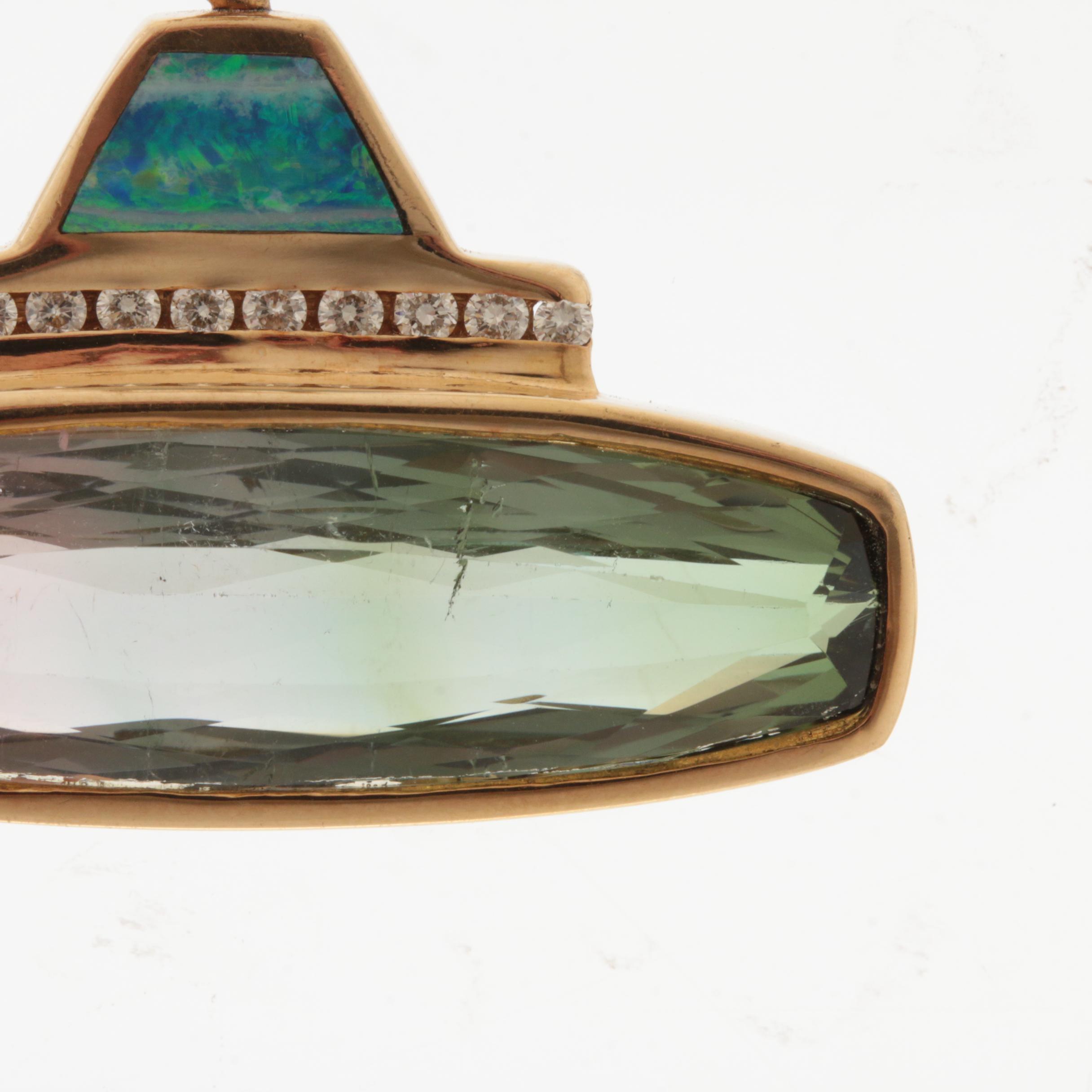 14K and 18K Yellow Gold 20.49 CT Bicolor Tourmaline, Diamond, and Opal Necklace