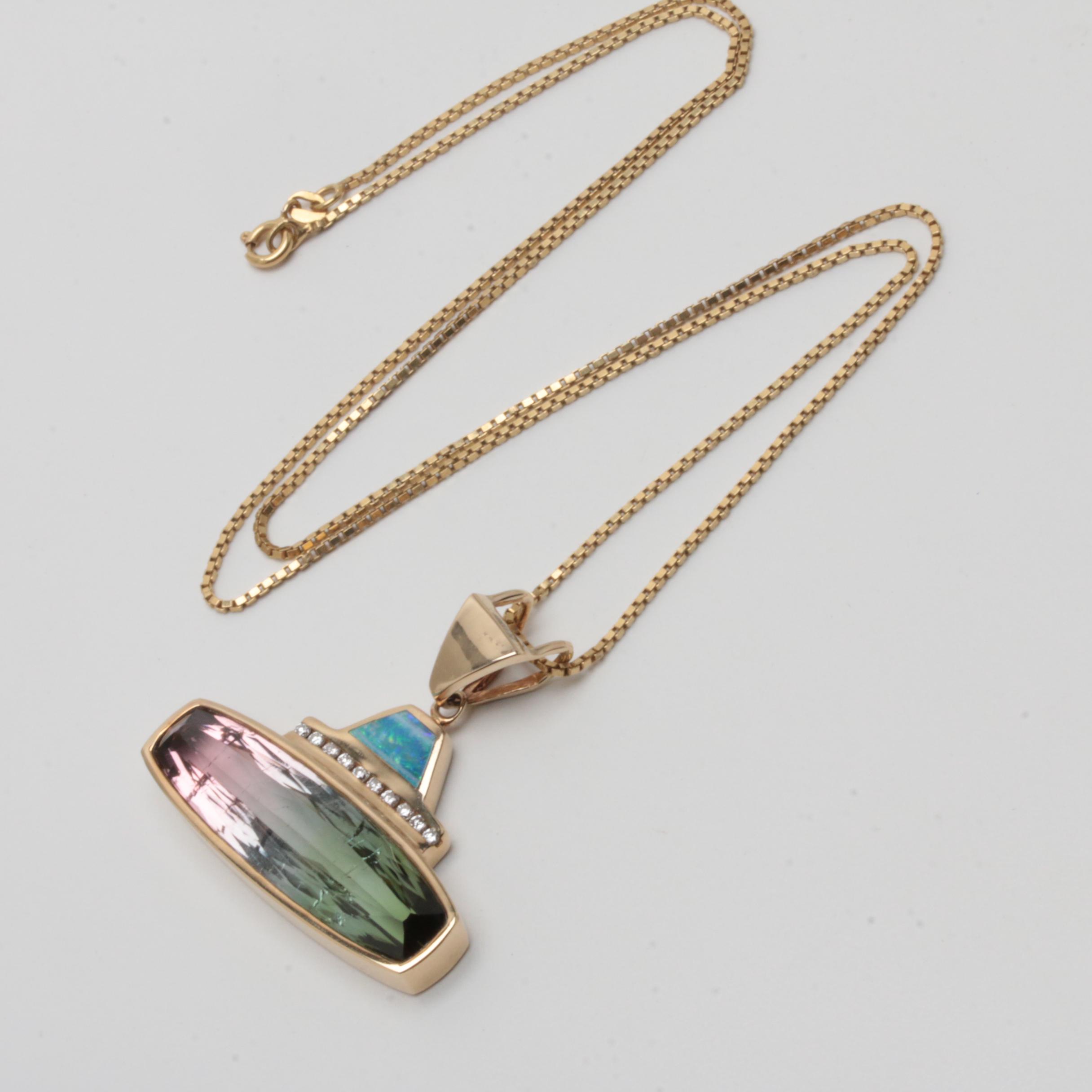 14K and 18K Yellow Gold 20.49 CT Bicolor Tourmaline, Diamond, and Opal Necklace