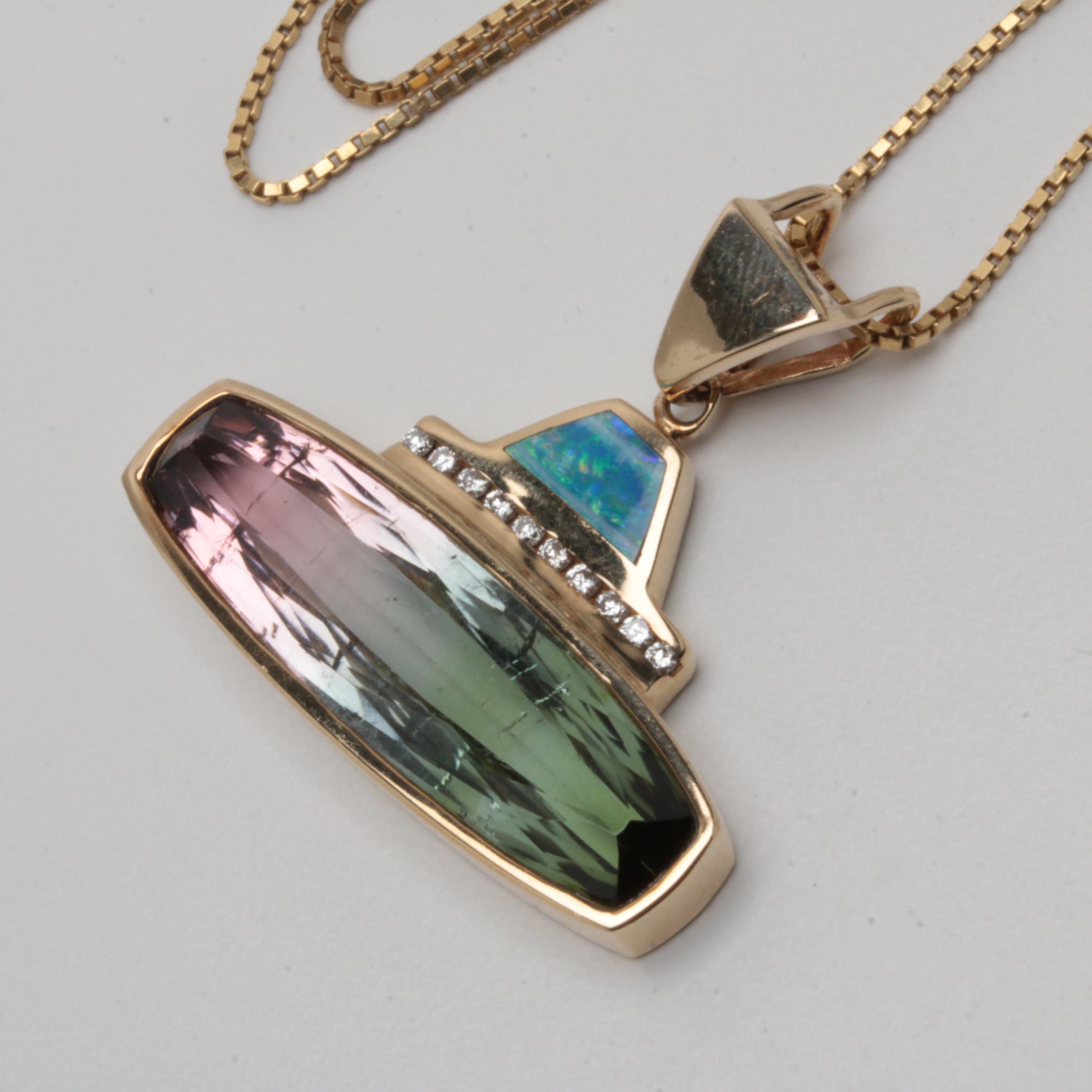 14K and 18K Yellow Gold 20.49 CT Bicolor Tourmaline, Diamond, and Opal Necklace