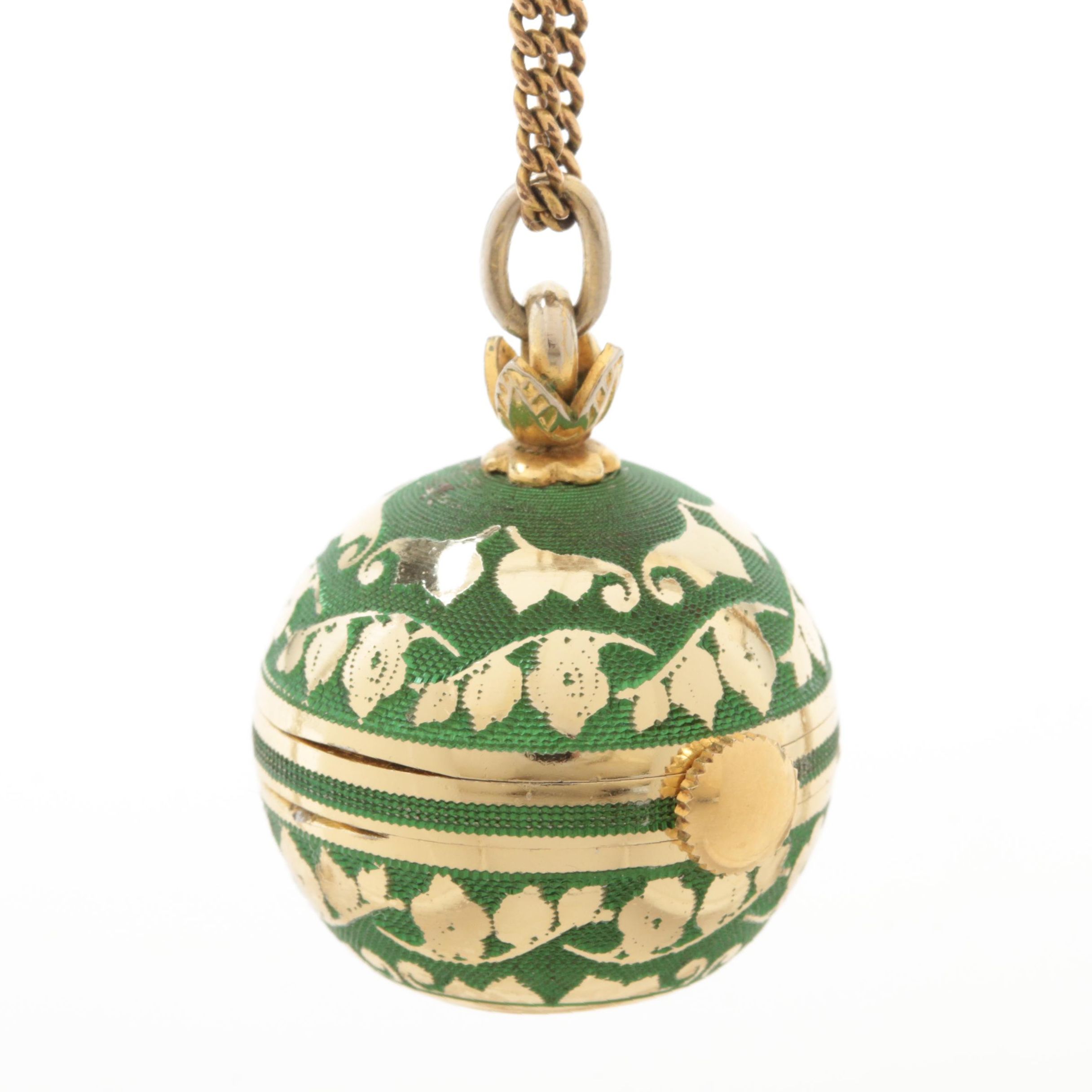 Vintage Tudor Aluminum and Enamel on Guilloche Ball Pendant Necklace Watch