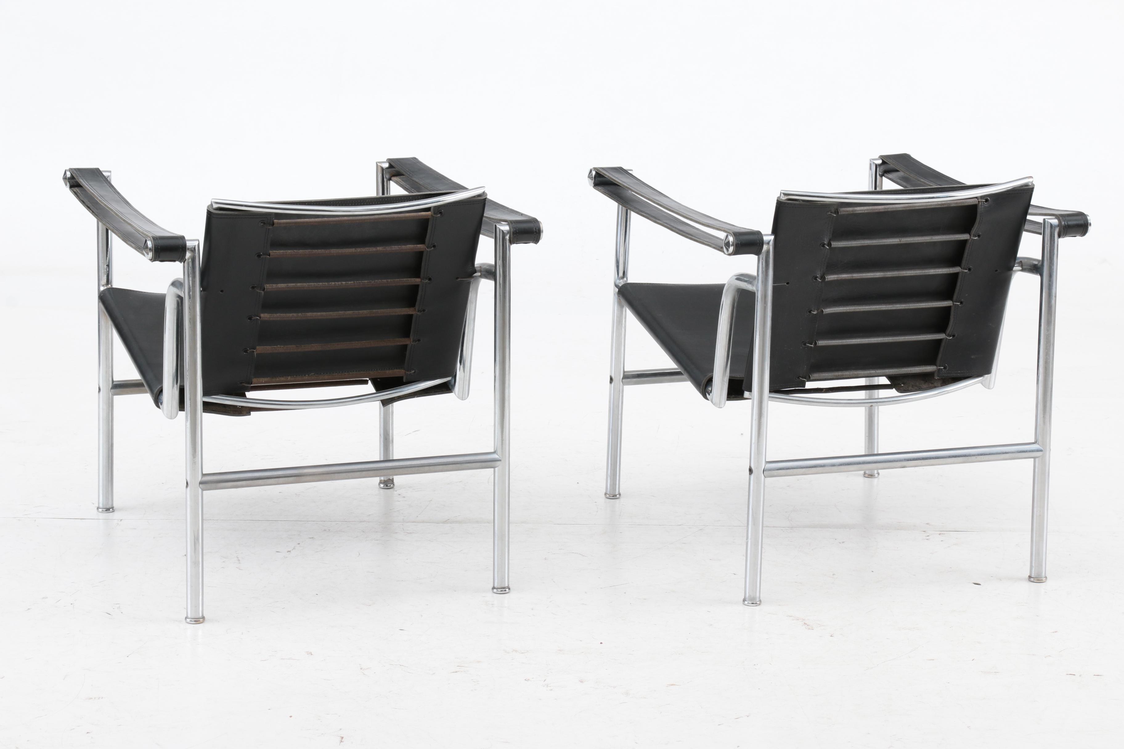 Bauhaus Style Leather Strap Sling Chair Pair after Le Corbusier's "LC1" Chair