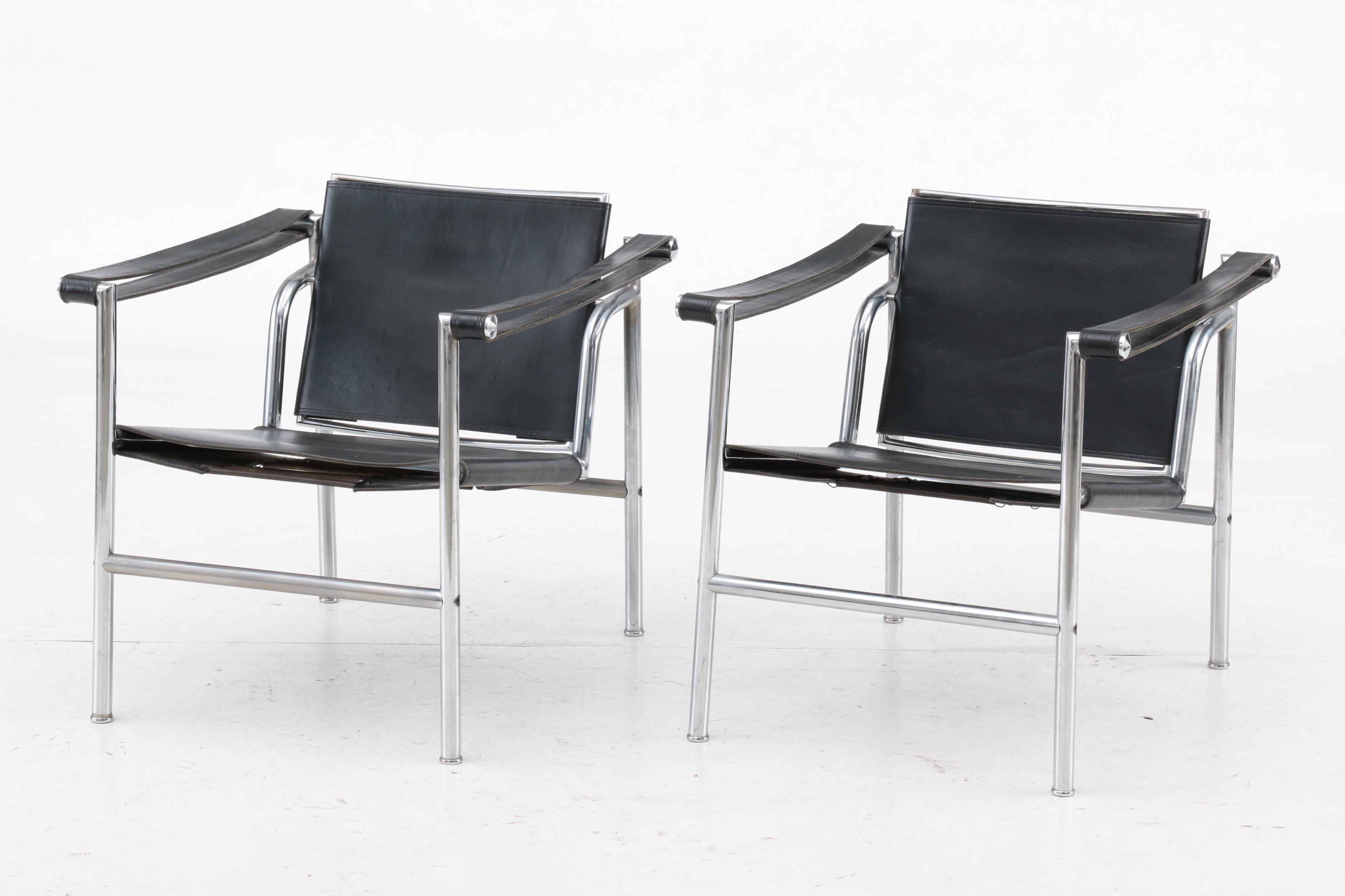 Bauhaus Style Leather Strap Sling Chair Pair after Le Corbusier's "LC1" Chair