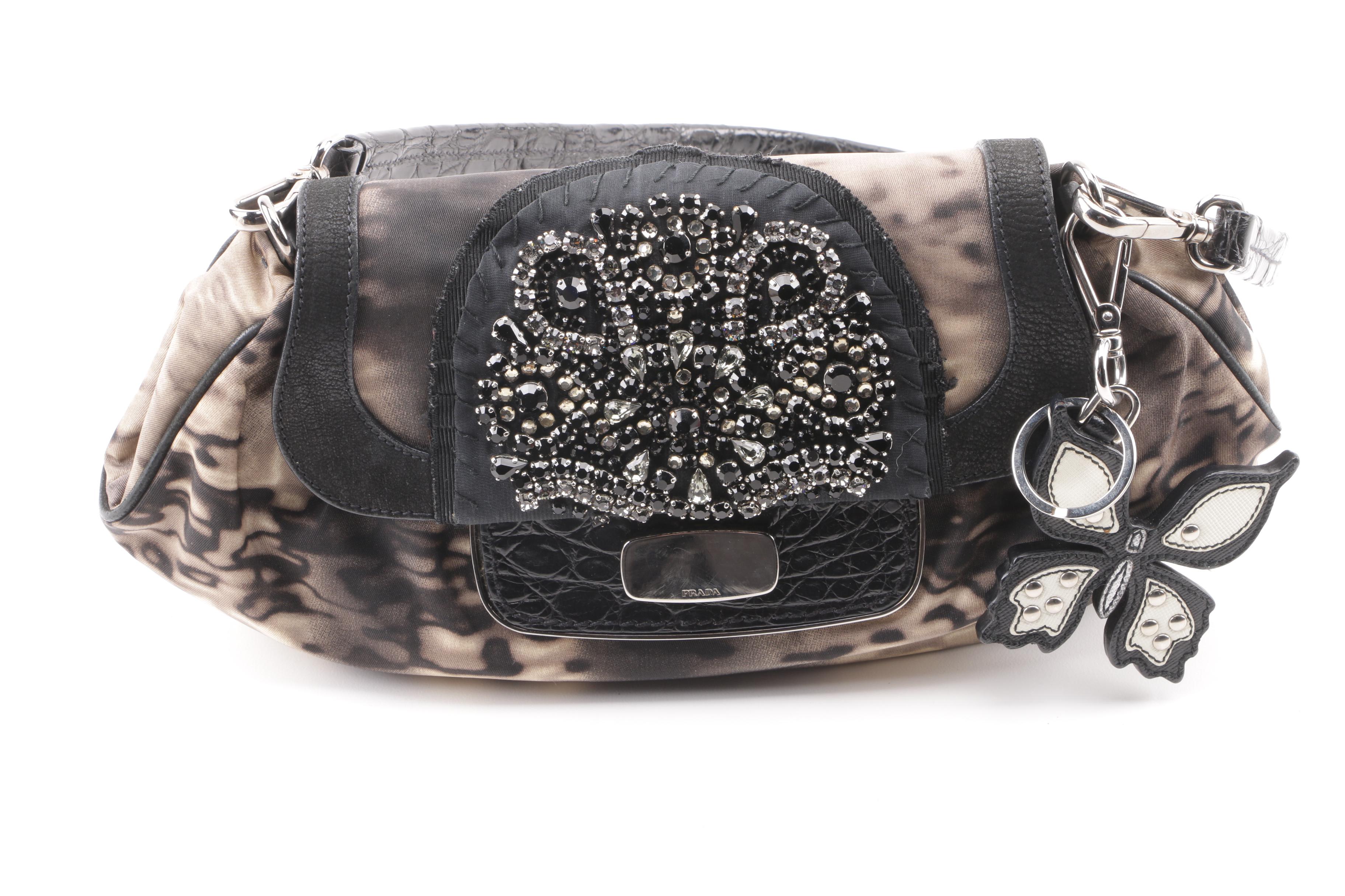 Prada Tessuto Skipper Jeweled Nylon Shoulder Bag with Butterfly Charm