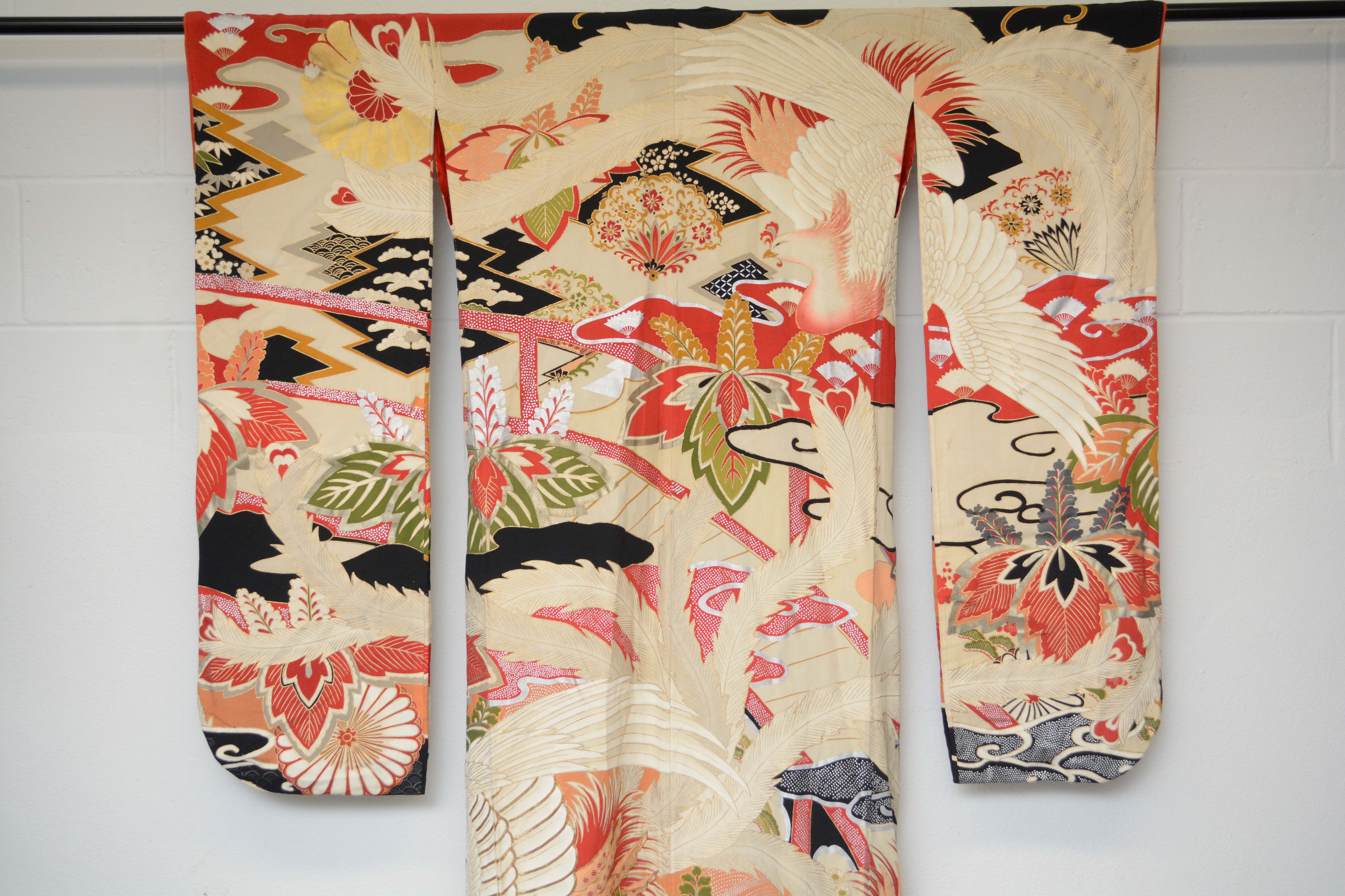 Circa 1915 Vintage Handwoven Formal Crested Silk Crepe Furisode Kimono