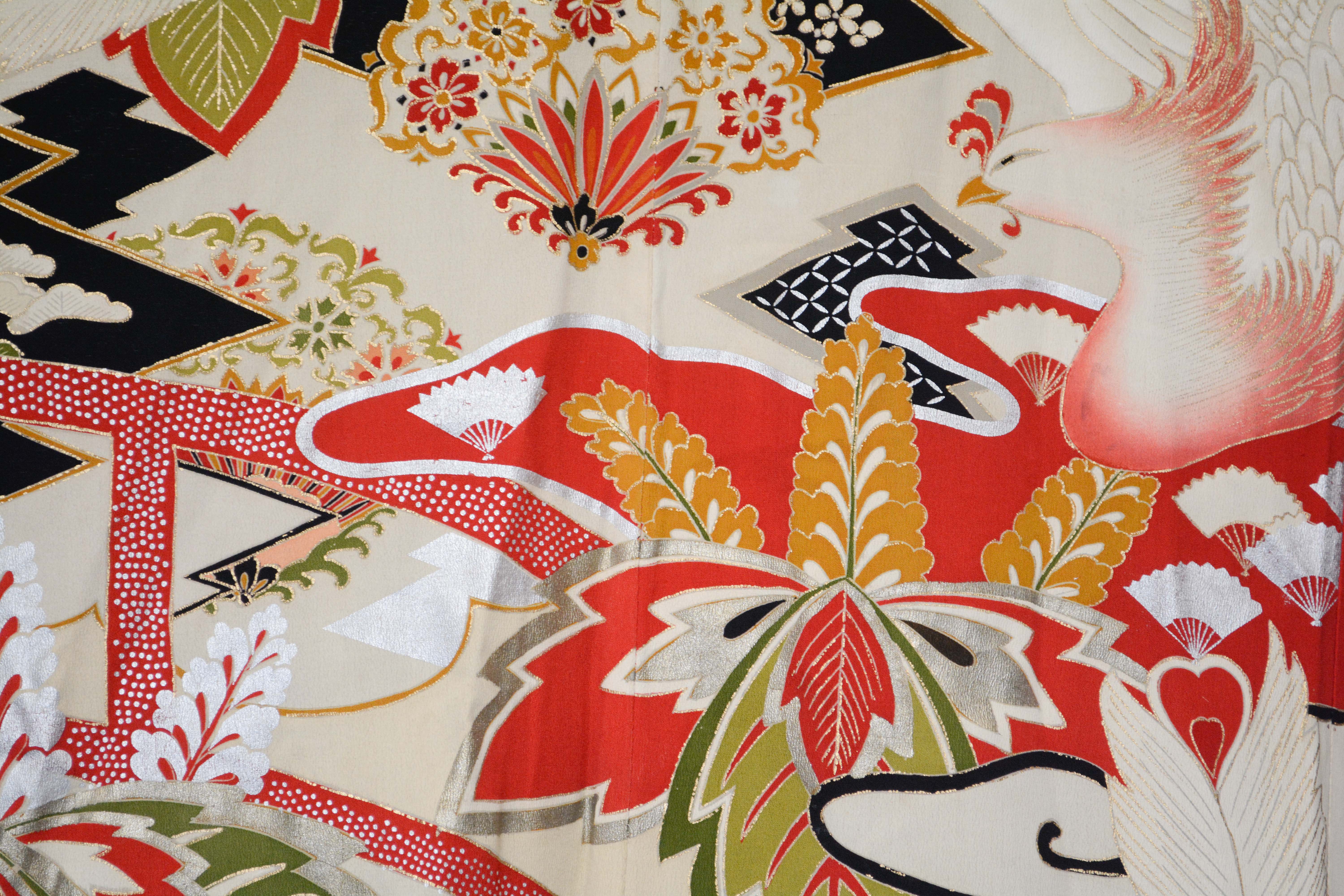 Circa 1915 Vintage Handwoven Formal Crested Silk Crepe Furisode Kimono