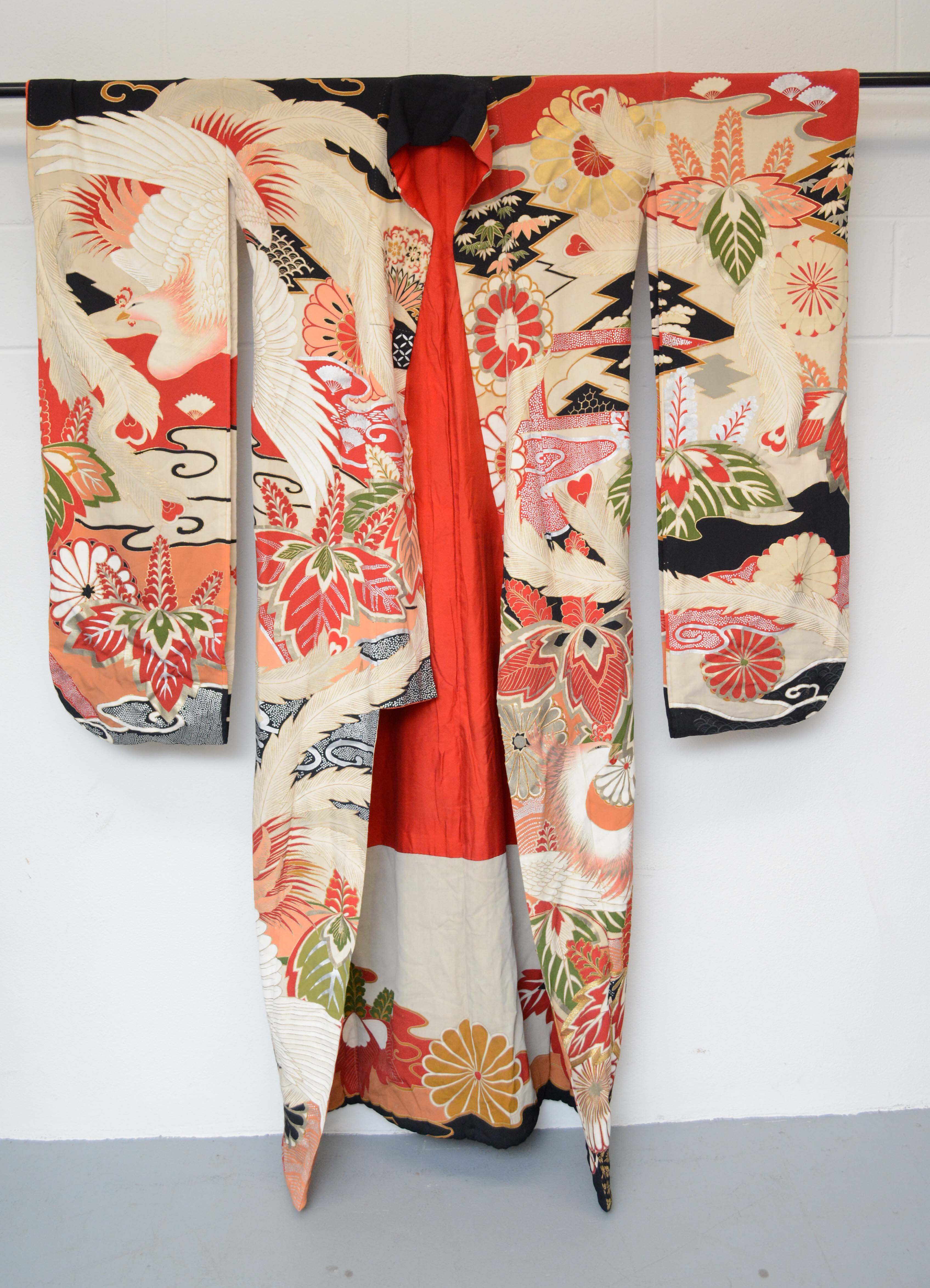 Circa 1915 Vintage Handwoven Formal Crested Silk Crepe Furisode Kimono