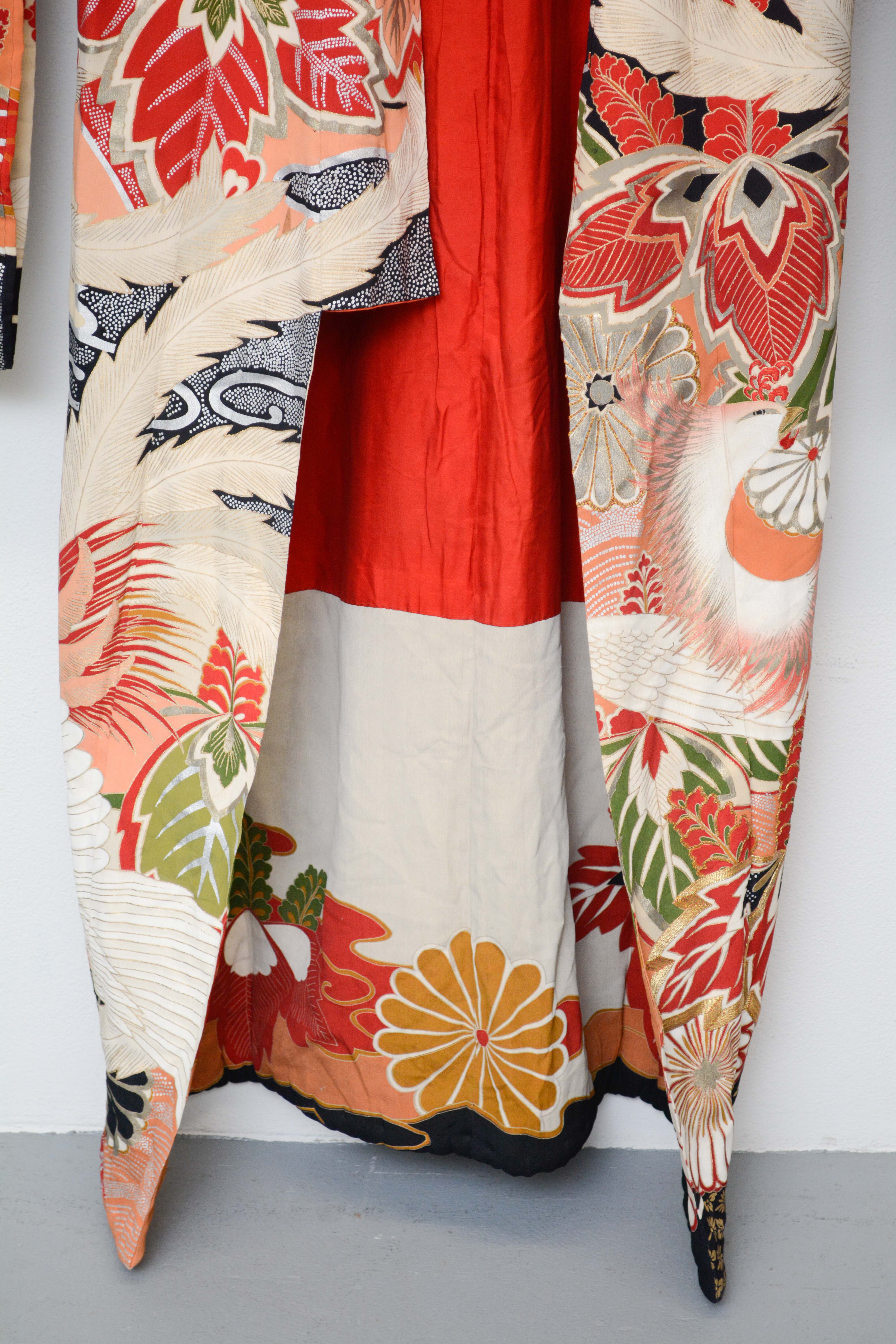 Circa 1915 Vintage Handwoven Formal Crested Silk Crepe Furisode Kimono