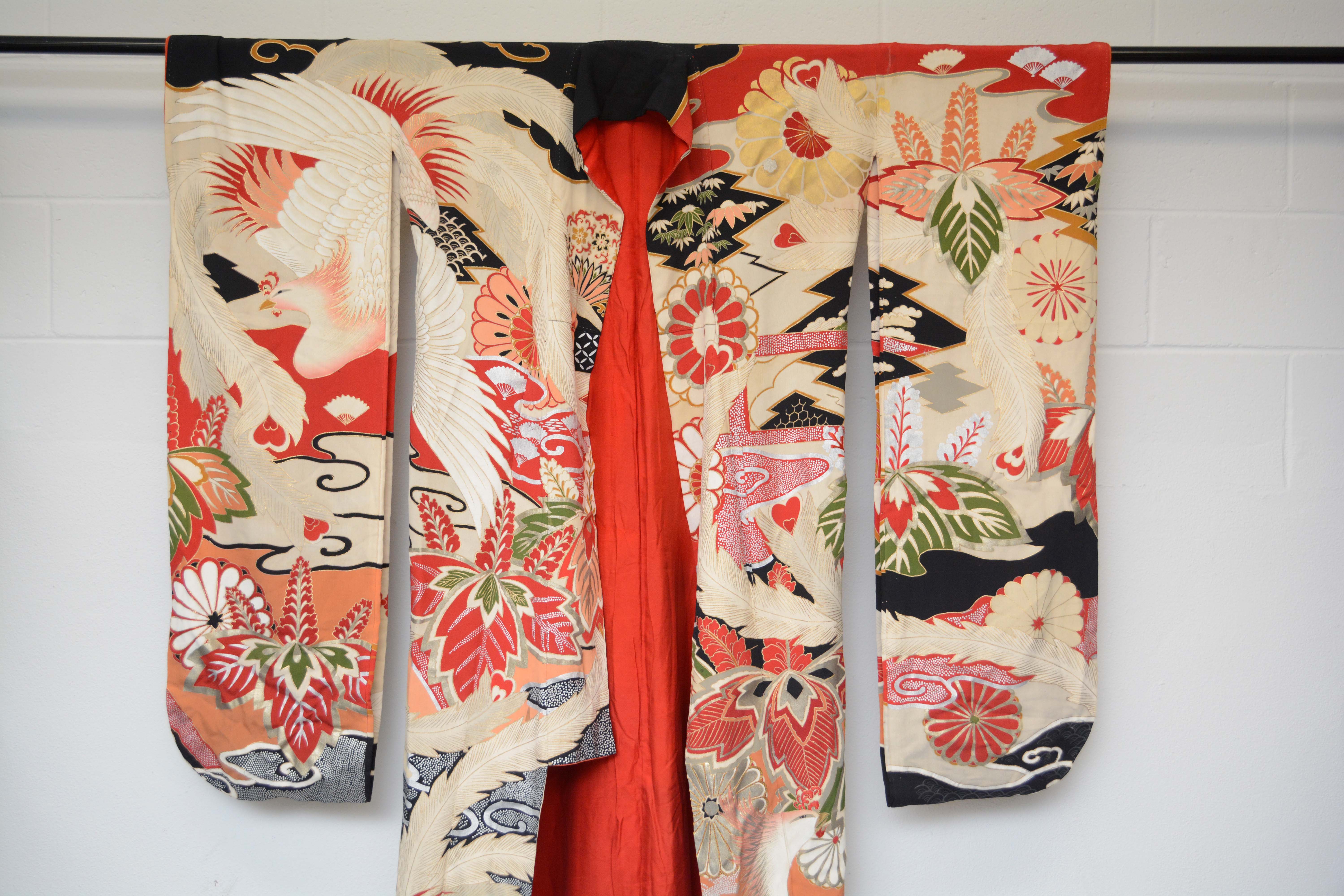 Circa 1915 Vintage Handwoven Formal Crested Silk Crepe Furisode Kimono