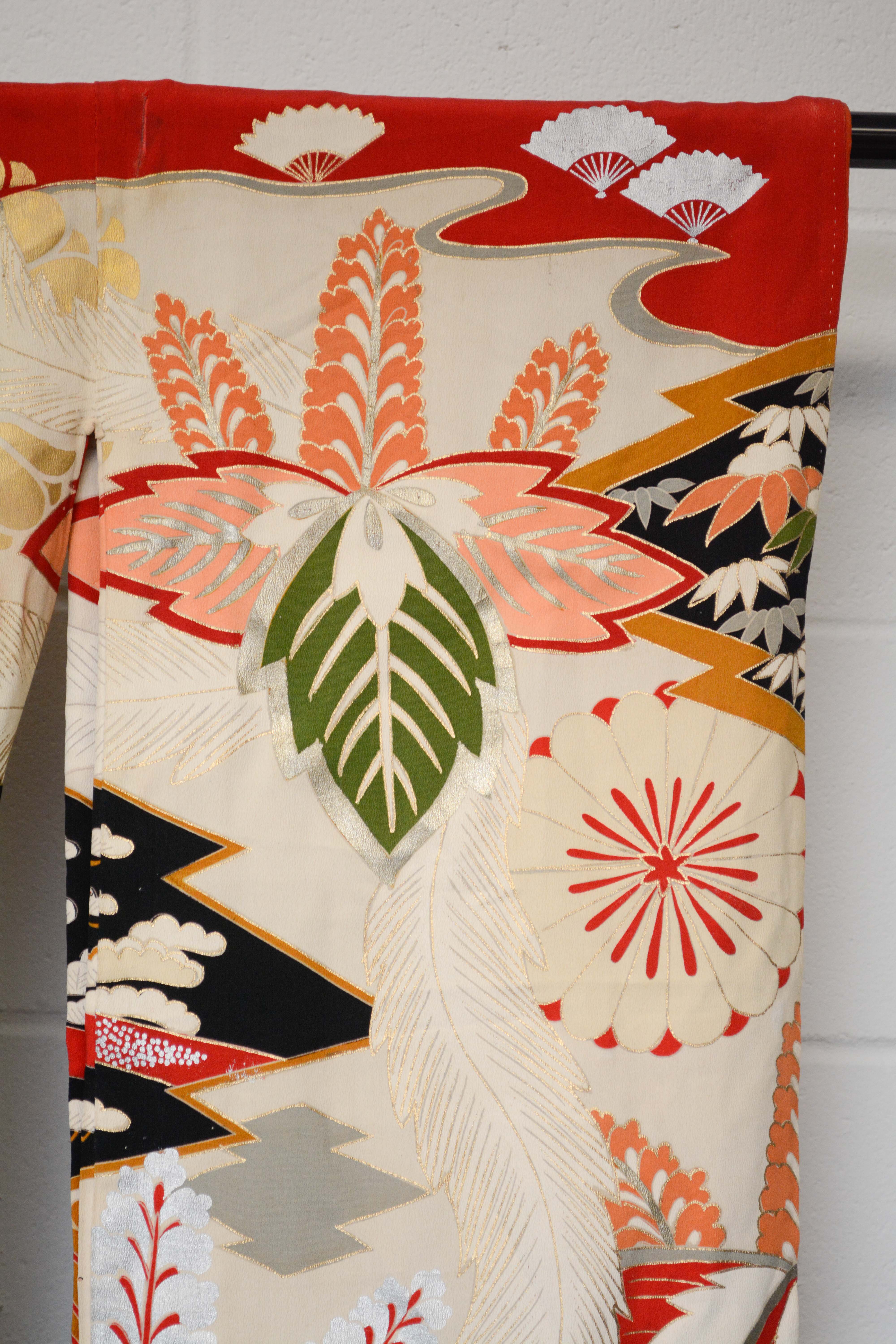 Circa 1915 Vintage Handwoven Formal Crested Silk Crepe Furisode Kimono