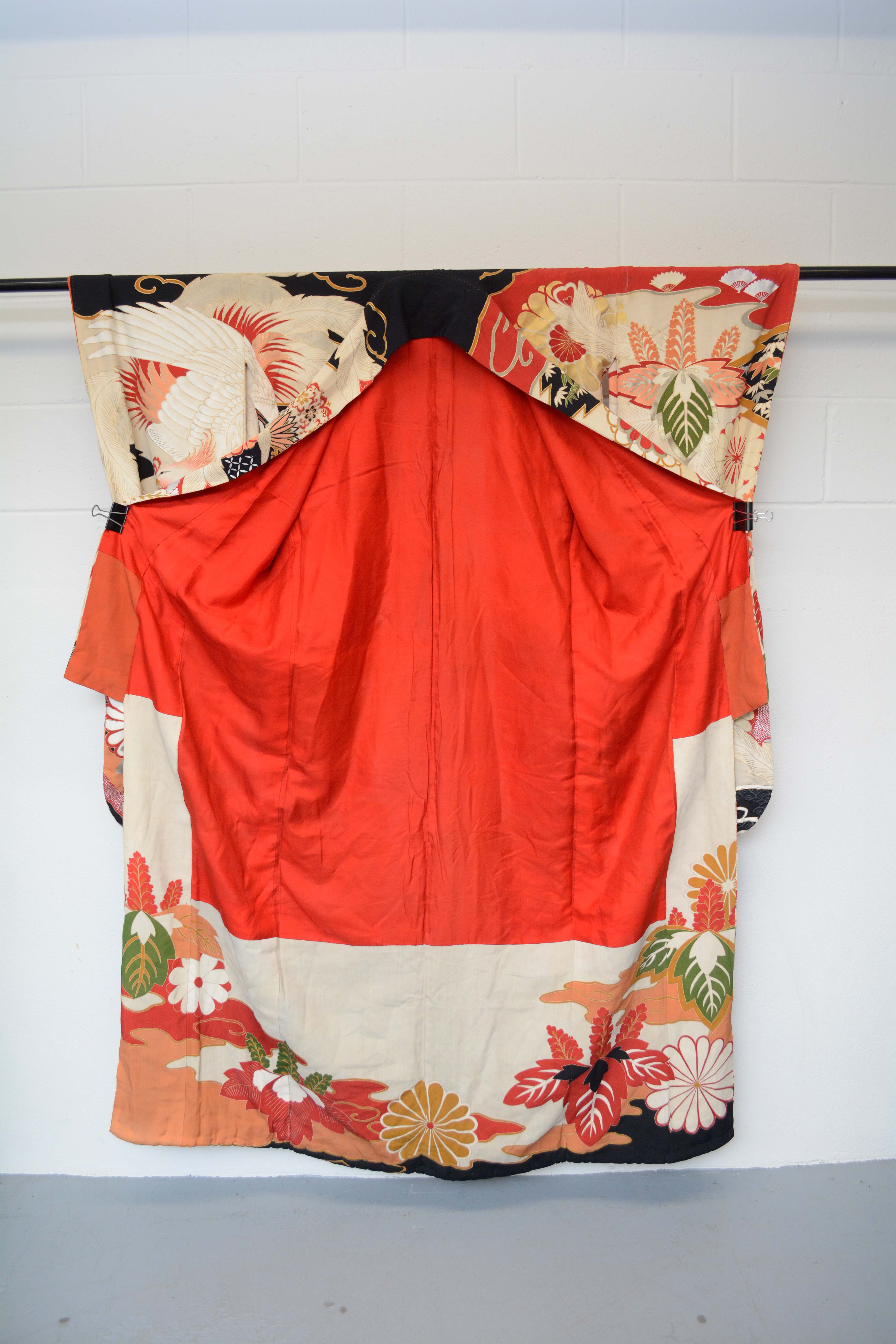 Circa 1915 Vintage Handwoven Formal Crested Silk Crepe Furisode Kimono