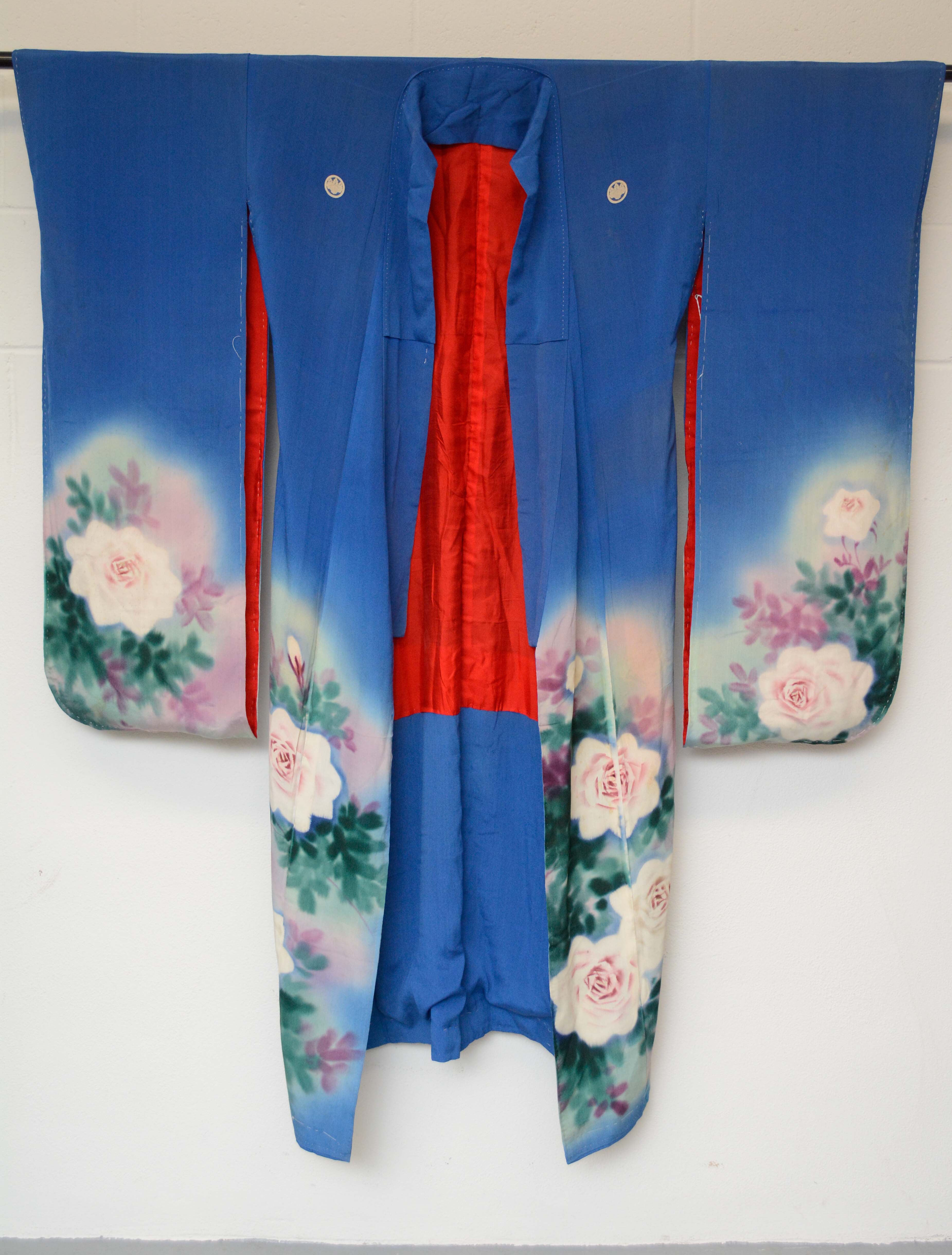 Circa 1910s Antique Handwoven Silk Crepe Formal Crested Furisode Kimono