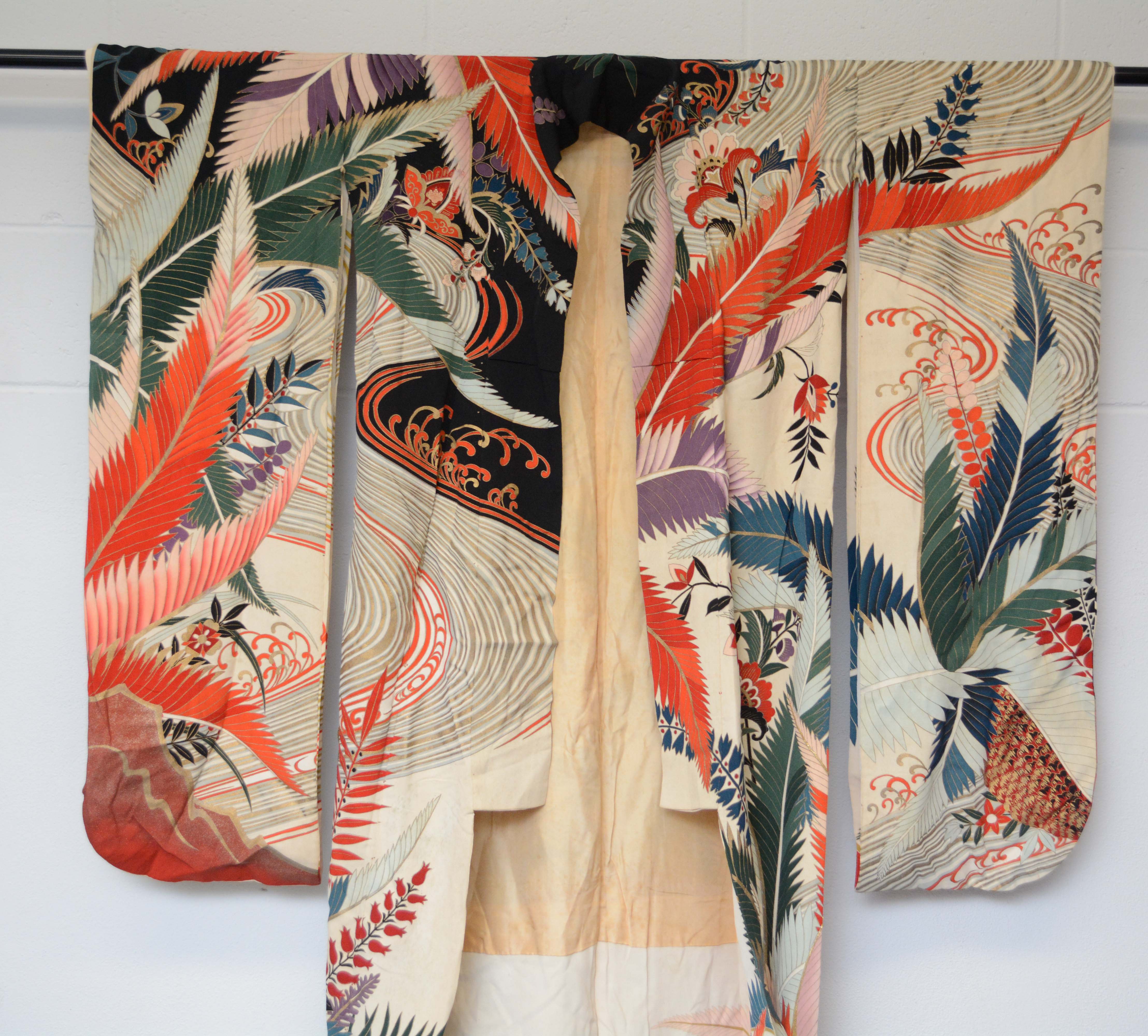 Circa 1930 Vintage Handwoven Silk Formal Crested Furisode Kimono