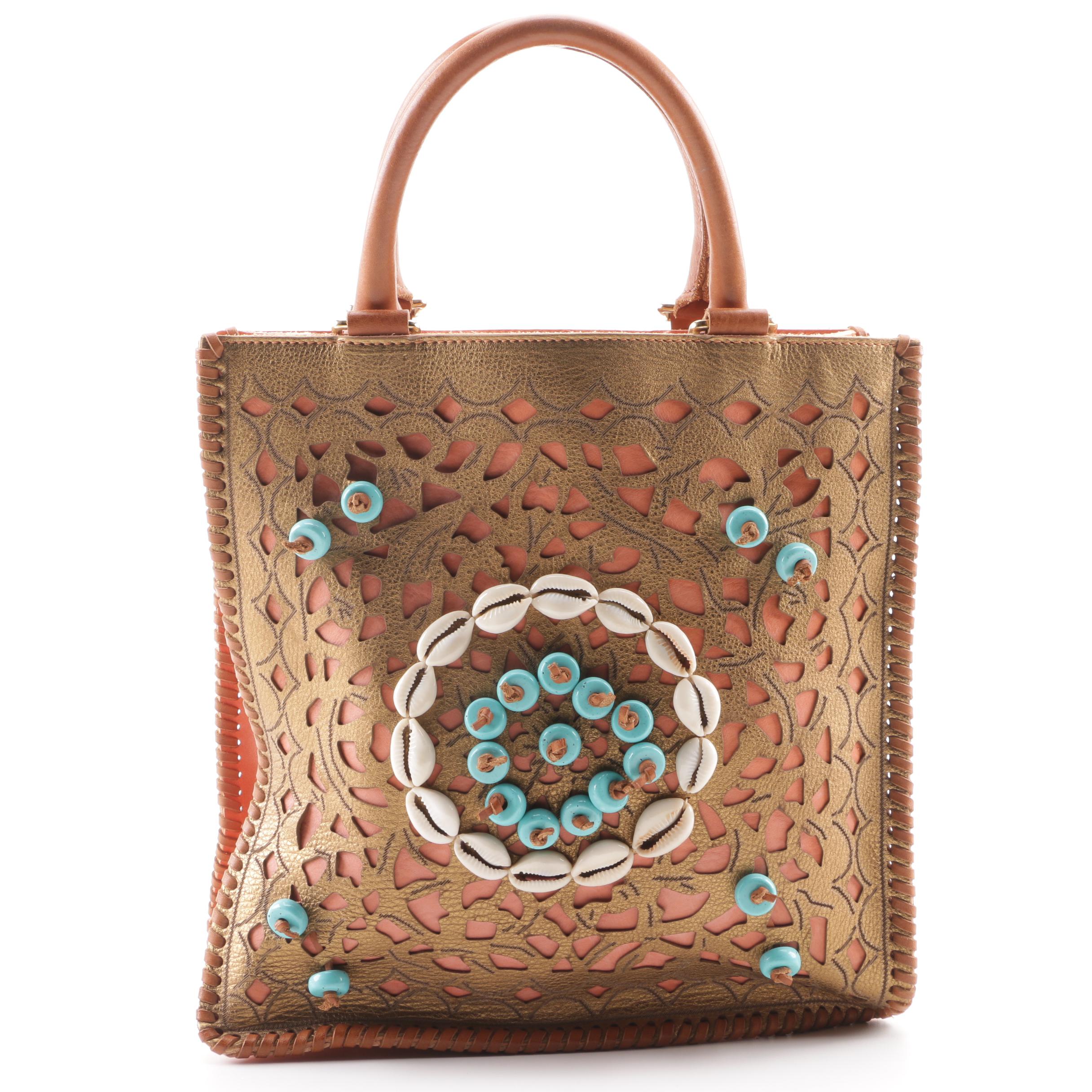 Oscar de la Renta Embellished Laser Cut Leather Handbag