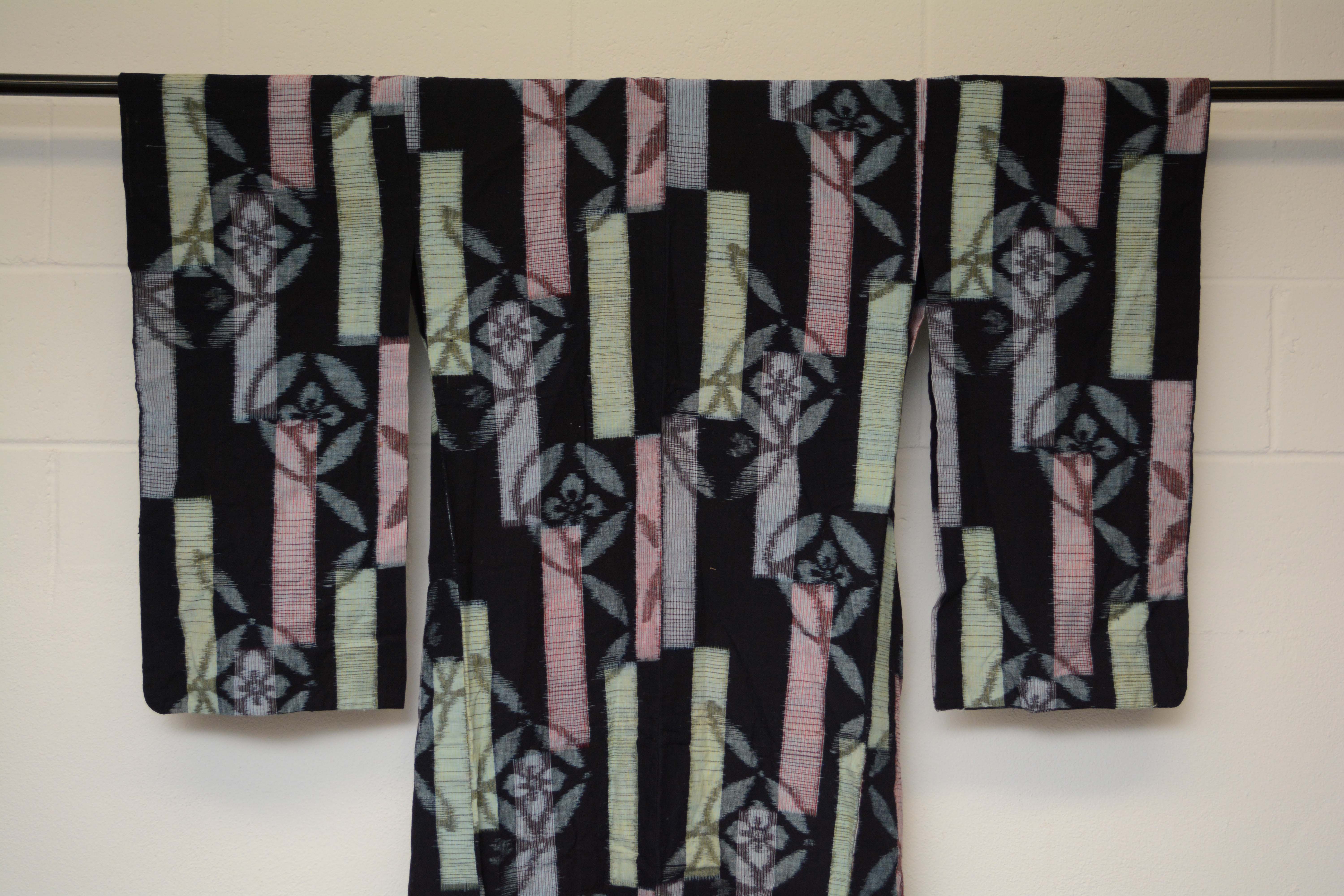 Circa 1920 Vintage Handwoven Ikat Cotton Furisode Kimono