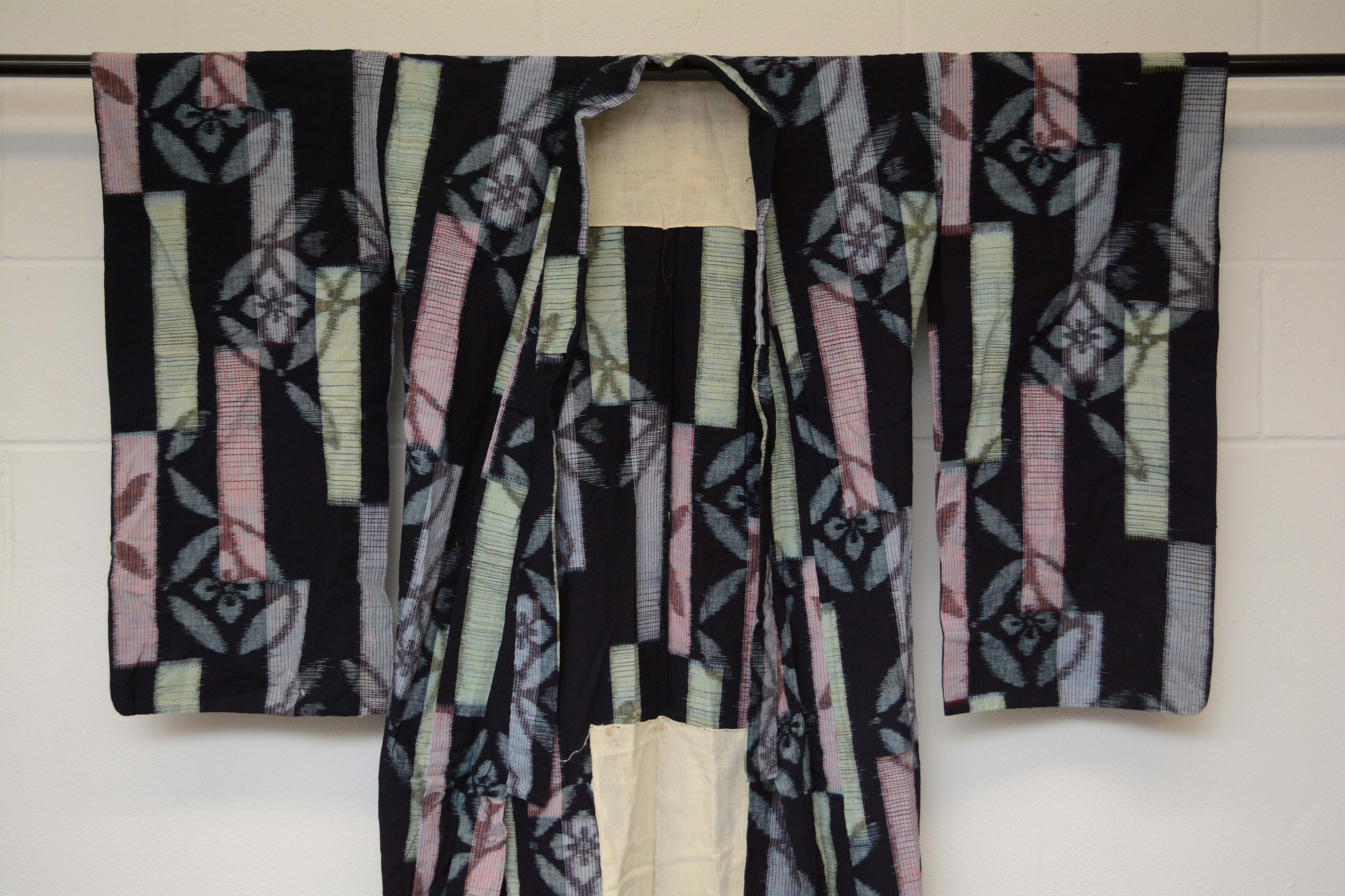 Circa 1920 Vintage Handwoven Ikat Cotton Furisode Kimono