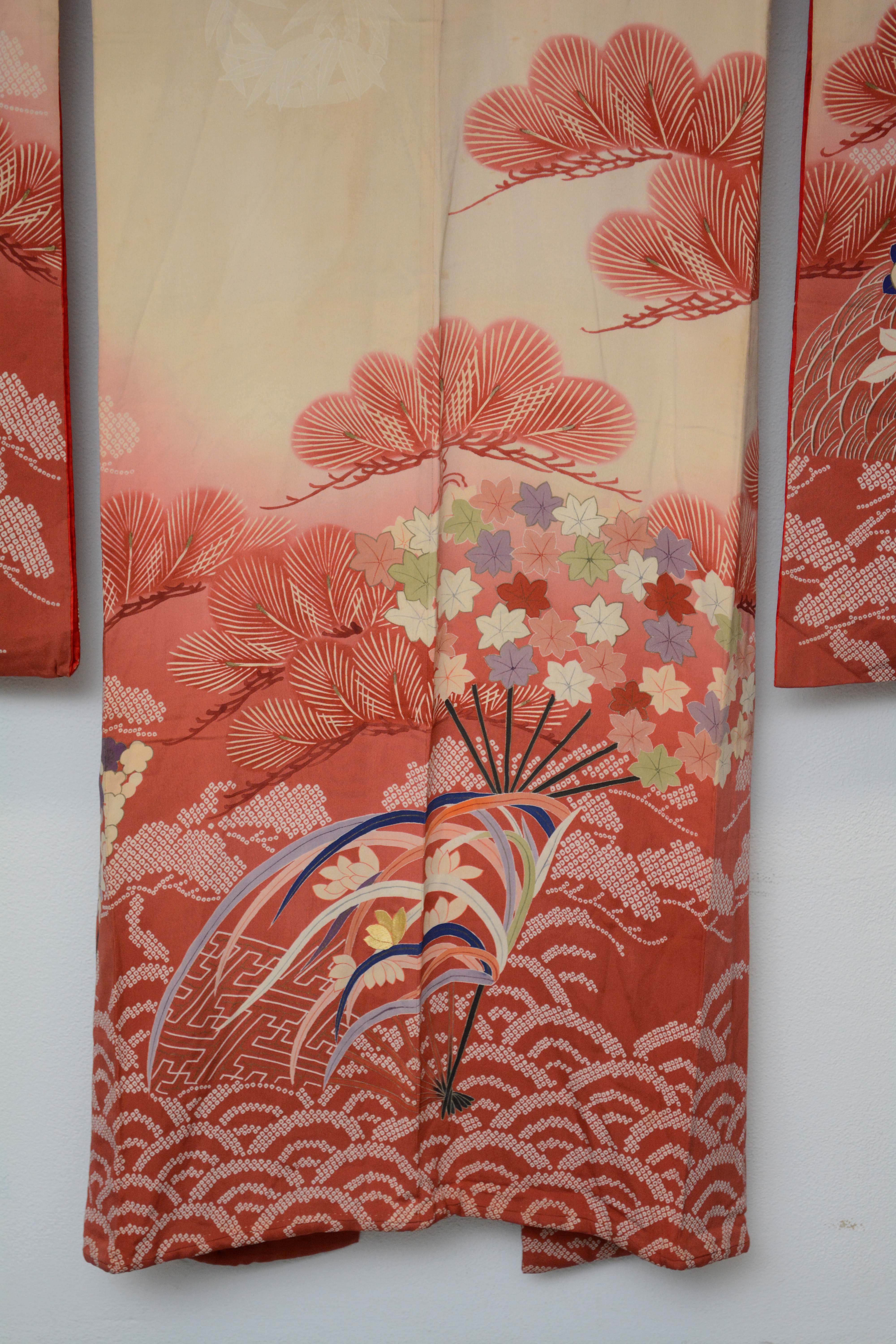 Circa 1900 Antique Handwoven Silk Crepe Formal Crested Furisode Kimono