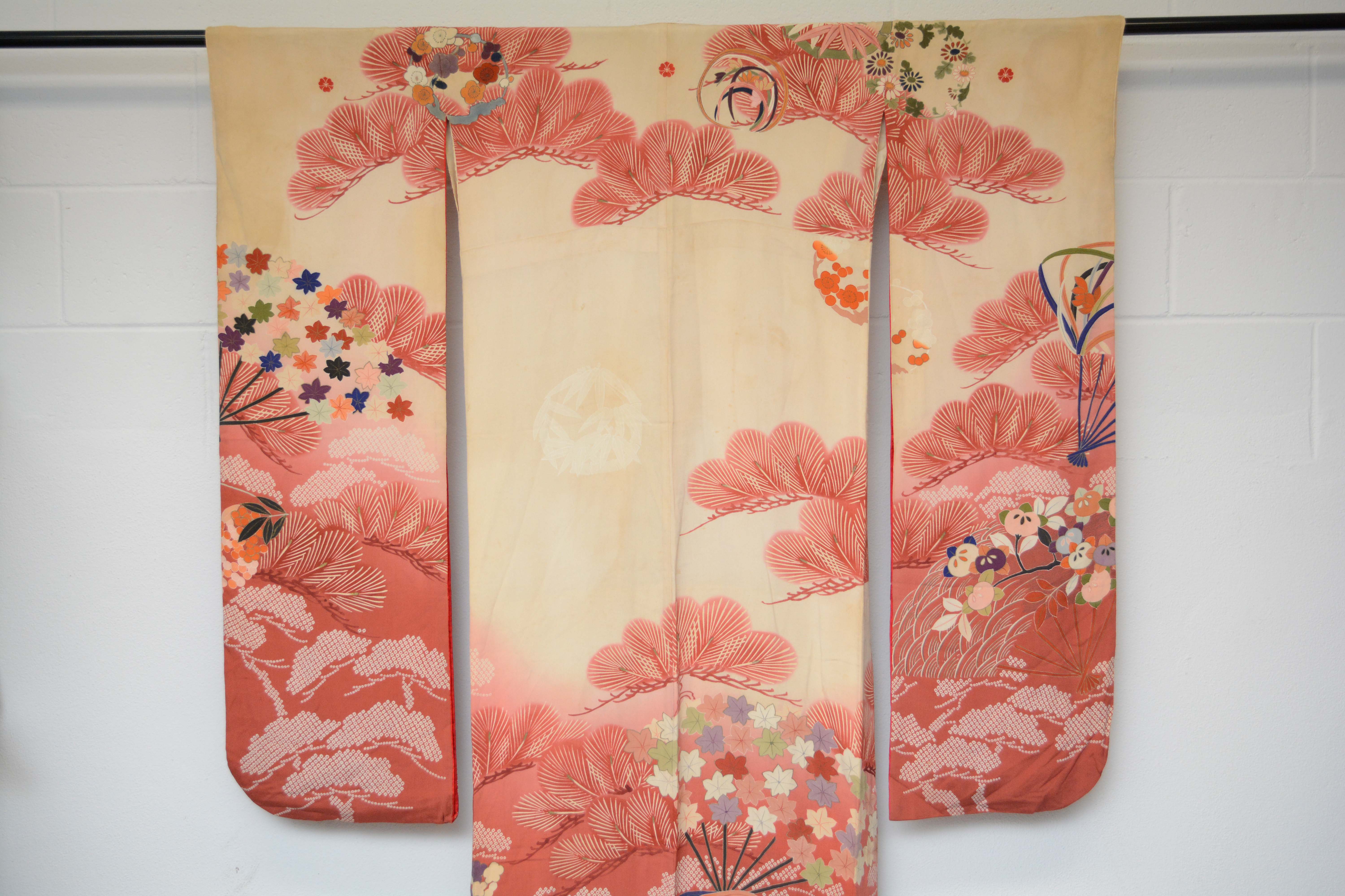 Circa 1900 Antique Handwoven Silk Crepe Formal Crested Furisode Kimono