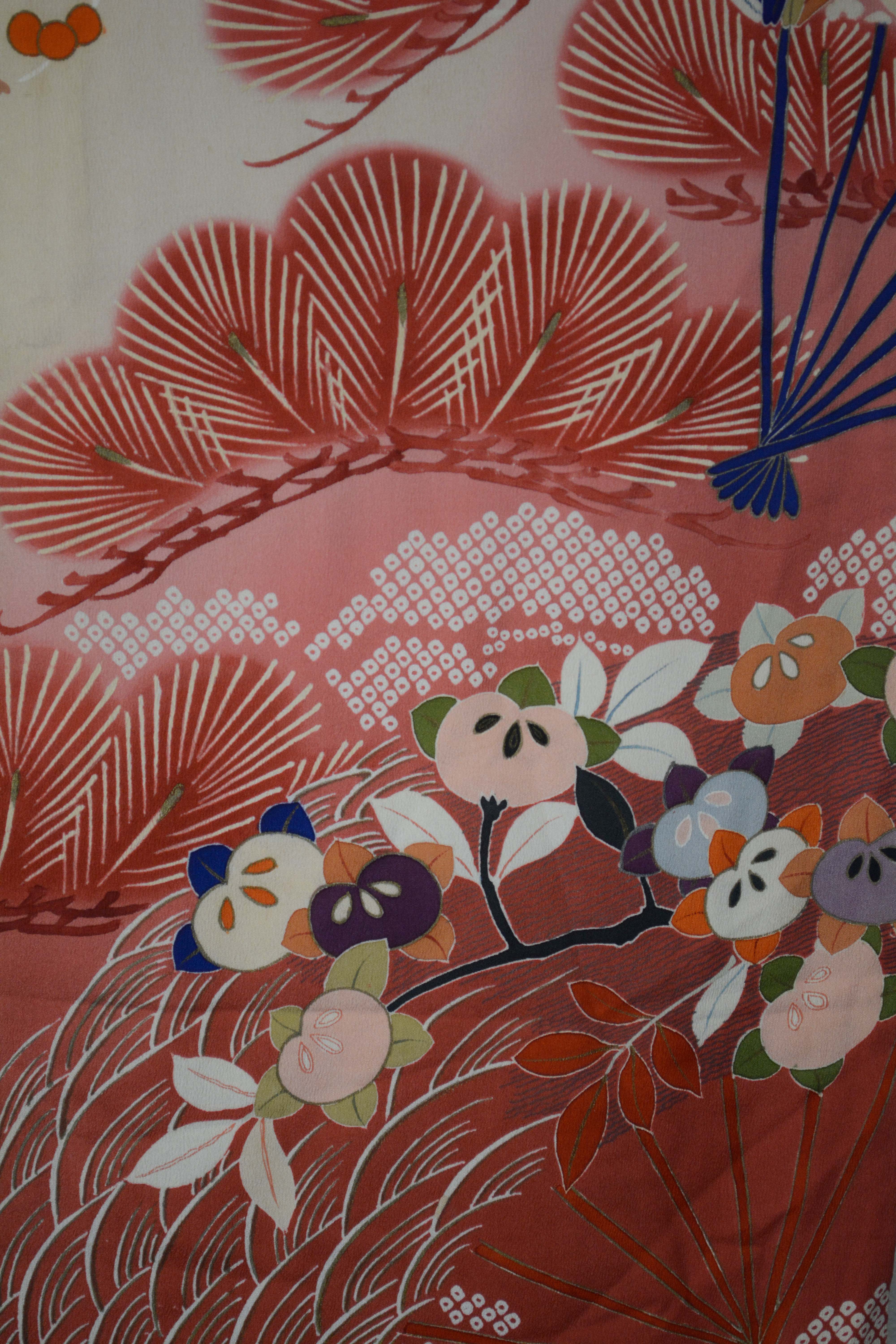 Circa 1900 Antique Handwoven Silk Crepe Formal Crested Furisode Kimono