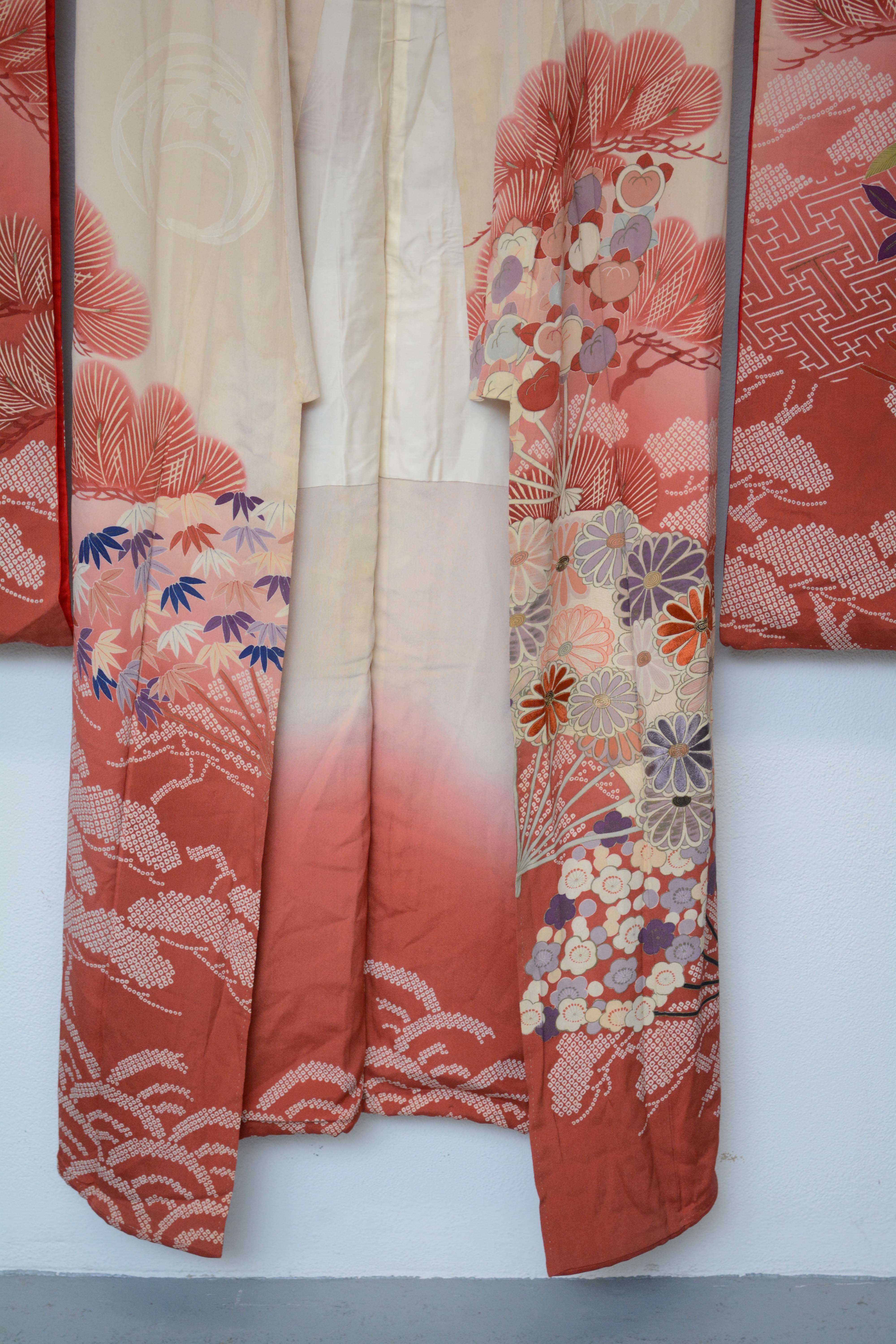 Circa 1900 Antique Handwoven Silk Crepe Formal Crested Furisode Kimono