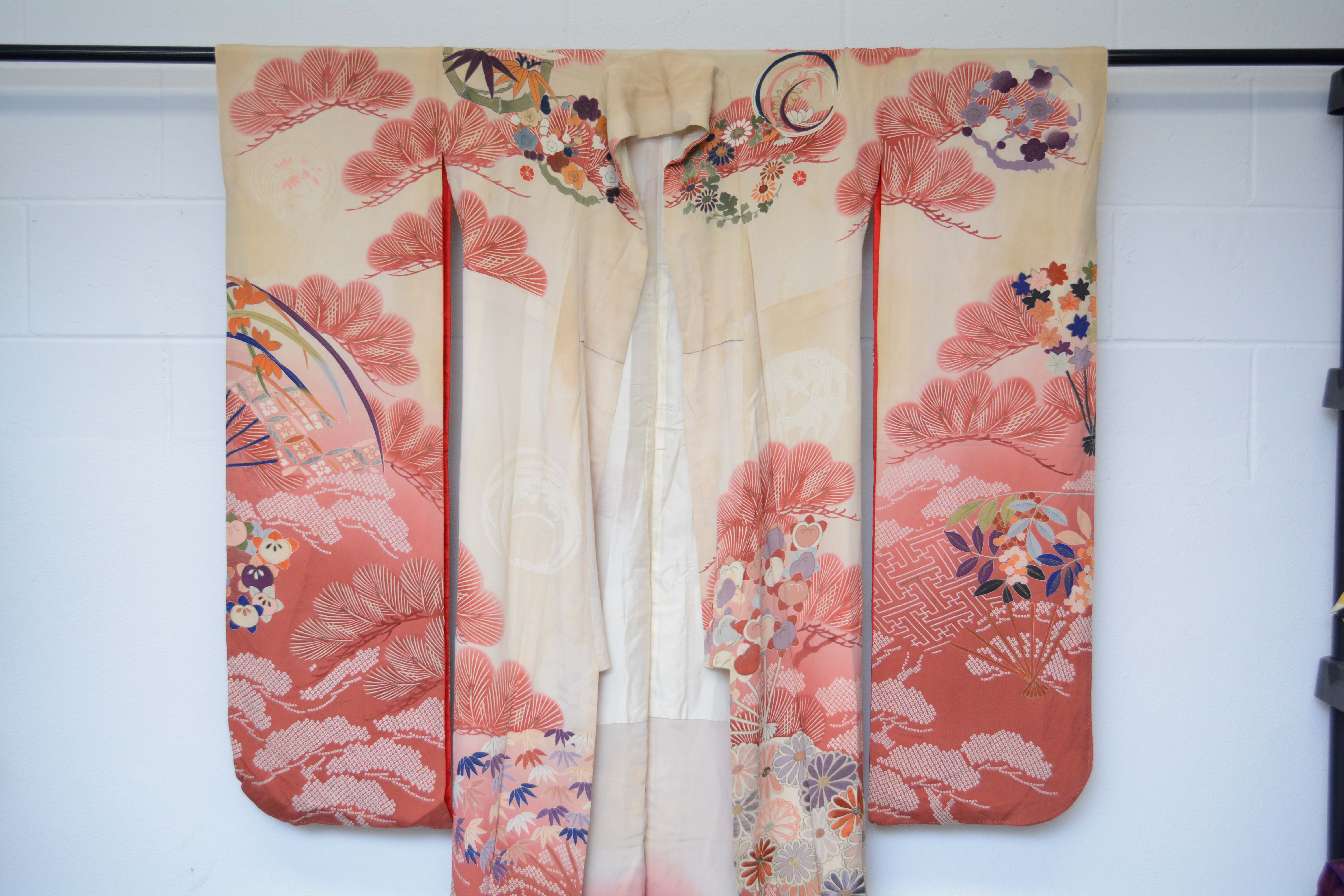 Circa 1900 Antique Handwoven Silk Crepe Formal Crested Furisode Kimono