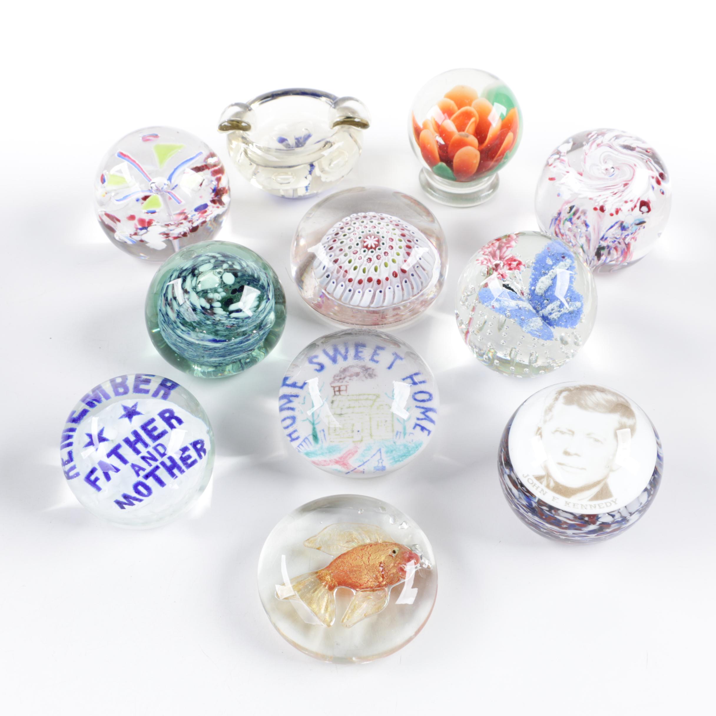 Blown Glass Paperweights and Ash Receiver including Millefiori