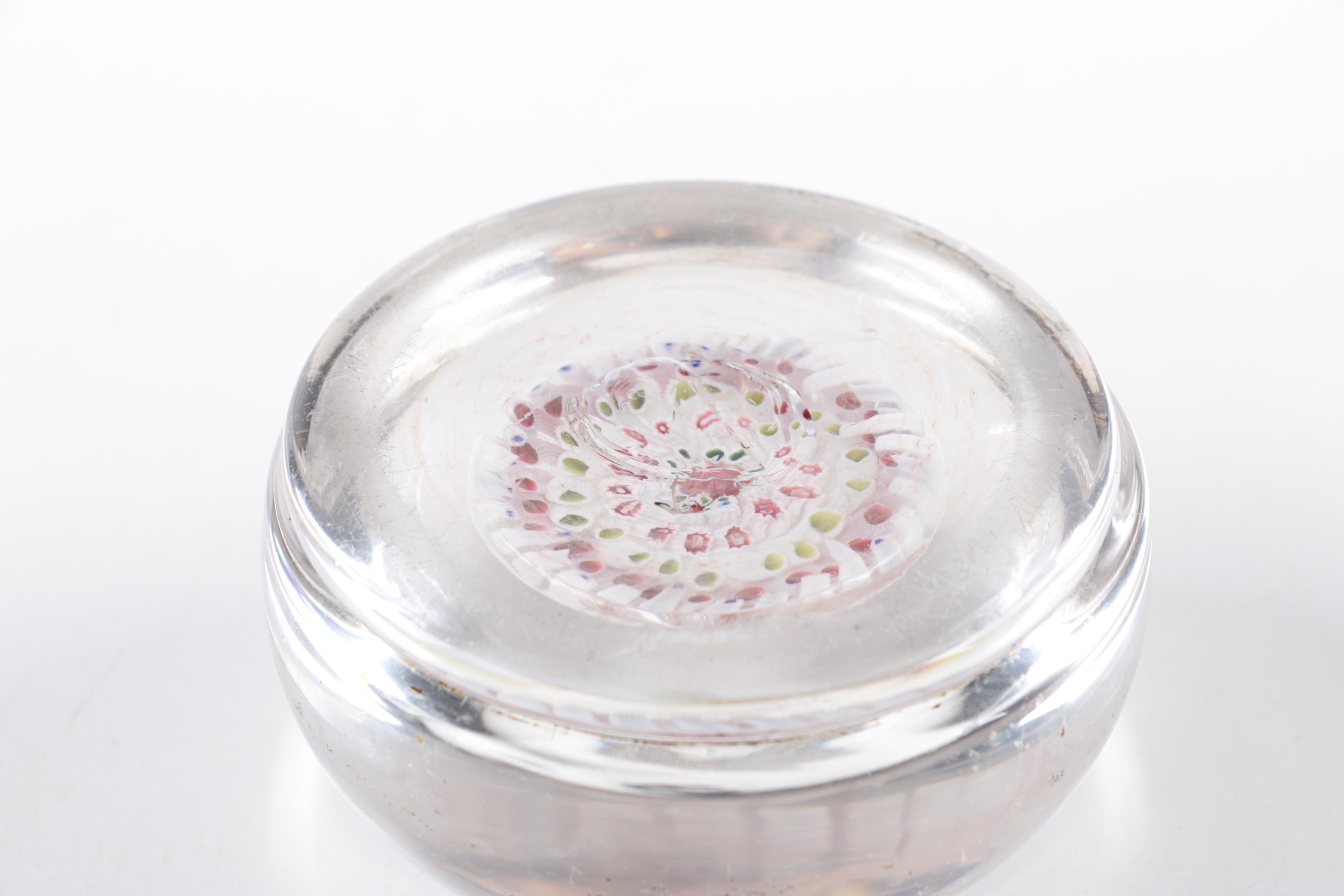 Blown Glass Paperweights and Ash Receiver including Millefiori