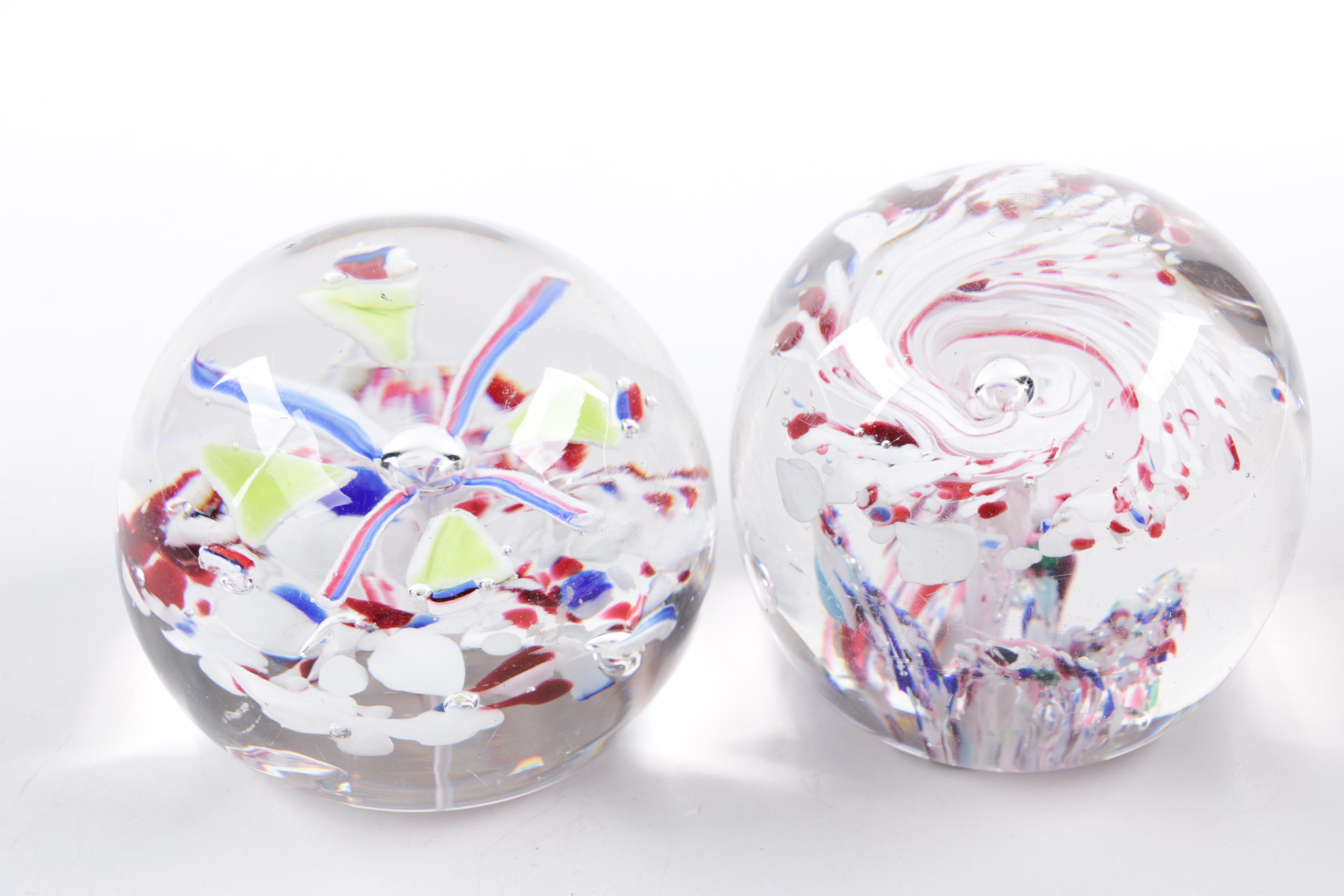 Blown Glass Paperweights and Ash Receiver including Millefiori