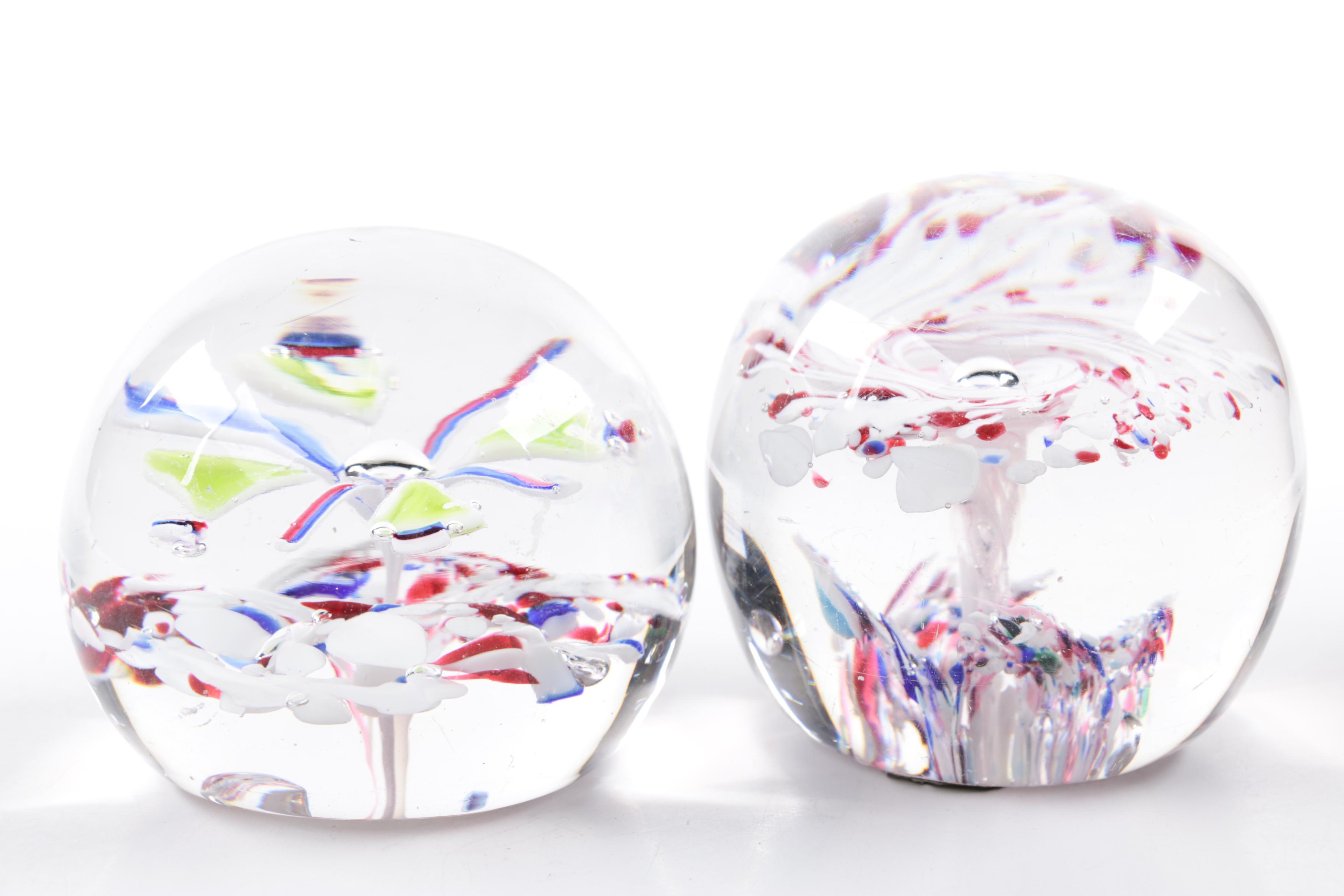 Blown Glass Paperweights and Ash Receiver including Millefiori