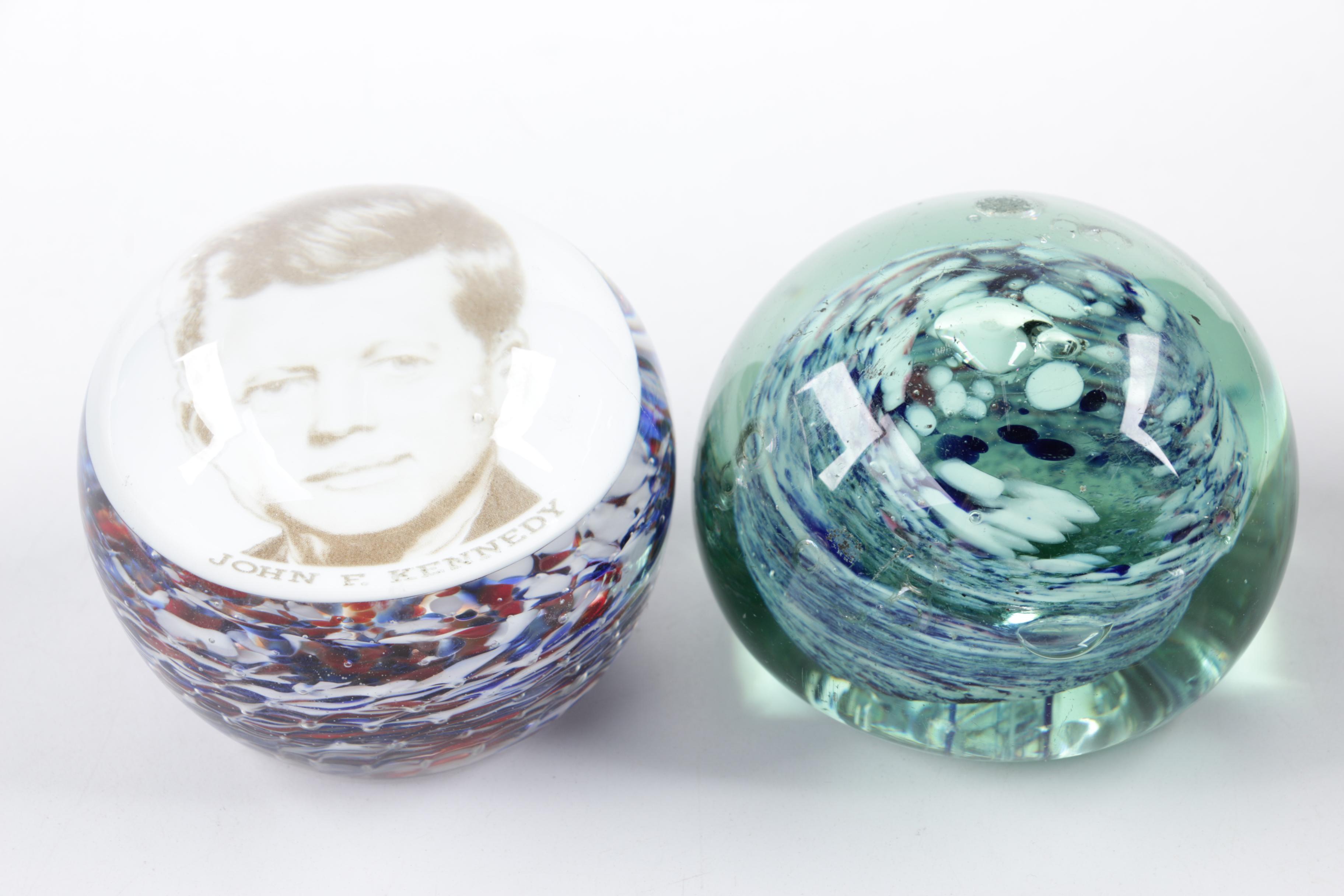 Blown Glass Paperweights and Ash Receiver including Millefiori