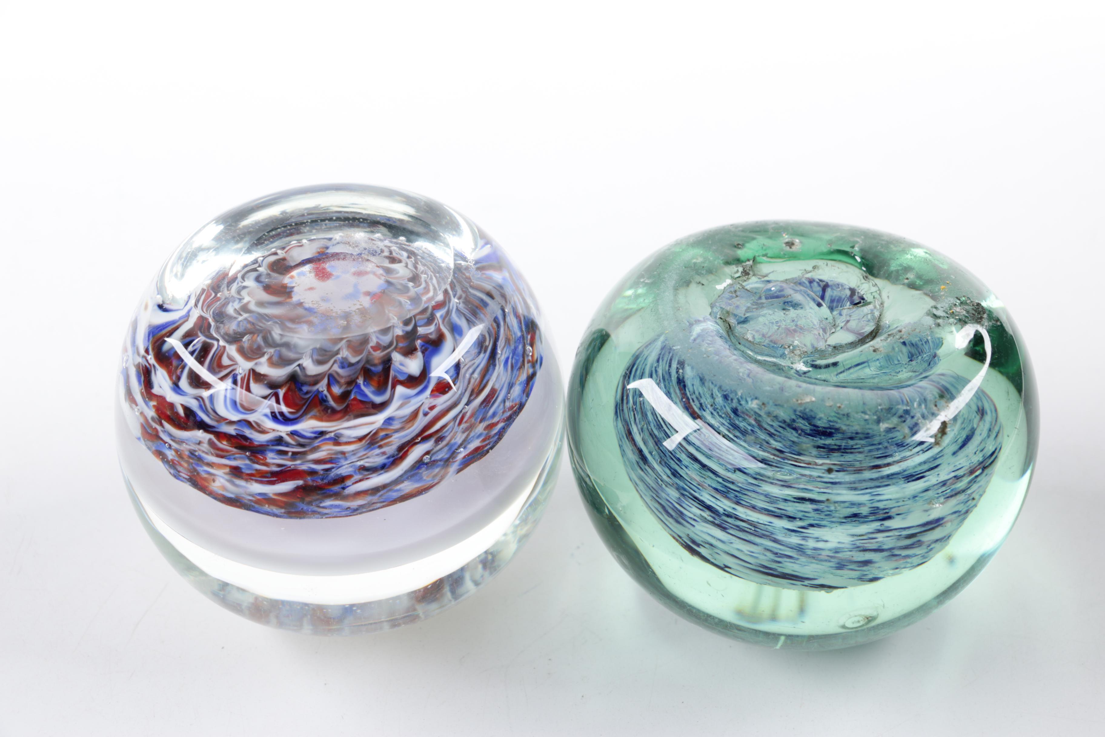 Blown Glass Paperweights and Ash Receiver including Millefiori