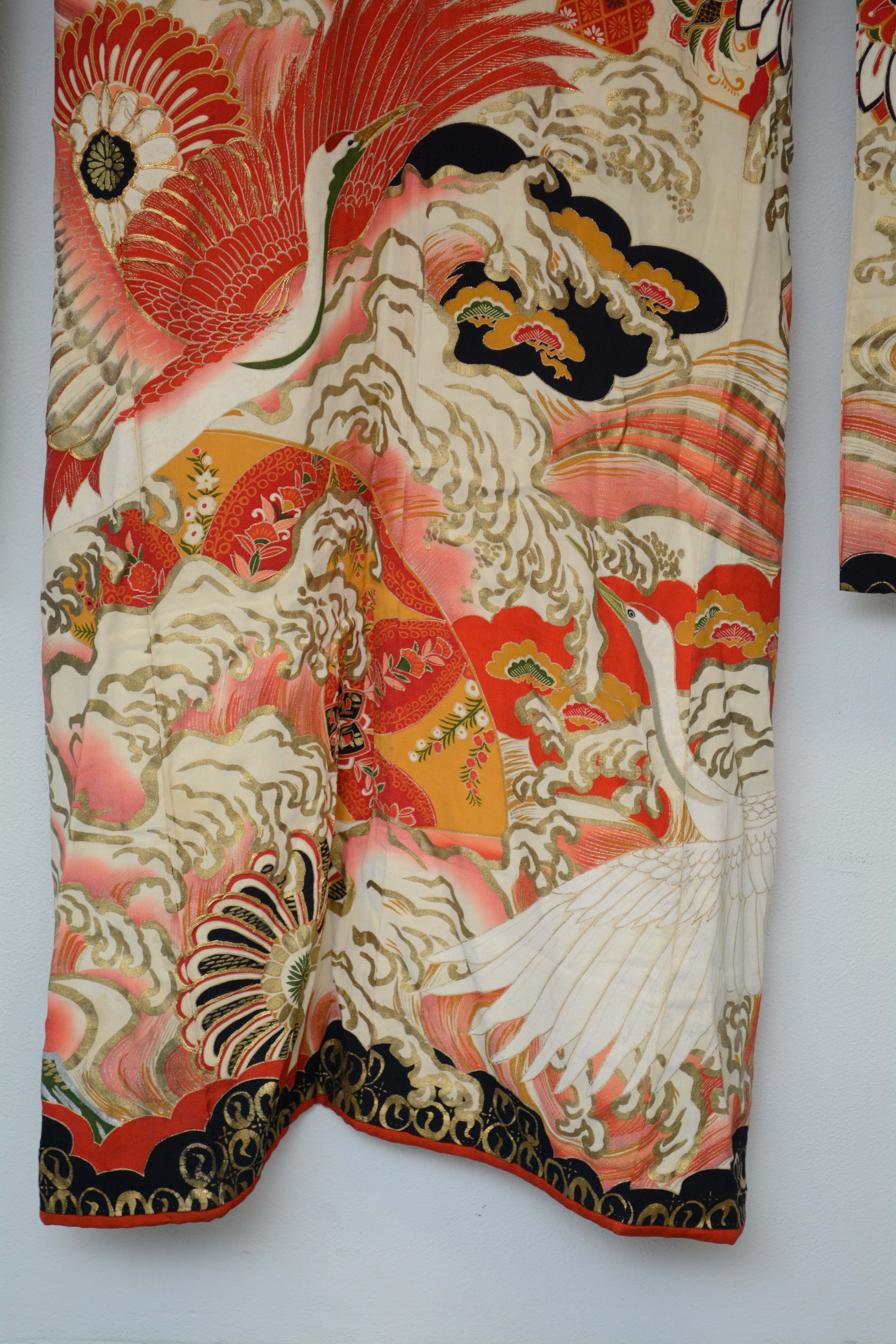 Circa 1925 Vintage Handwoven Silk Crepe Formal Crested Furisode Kimono