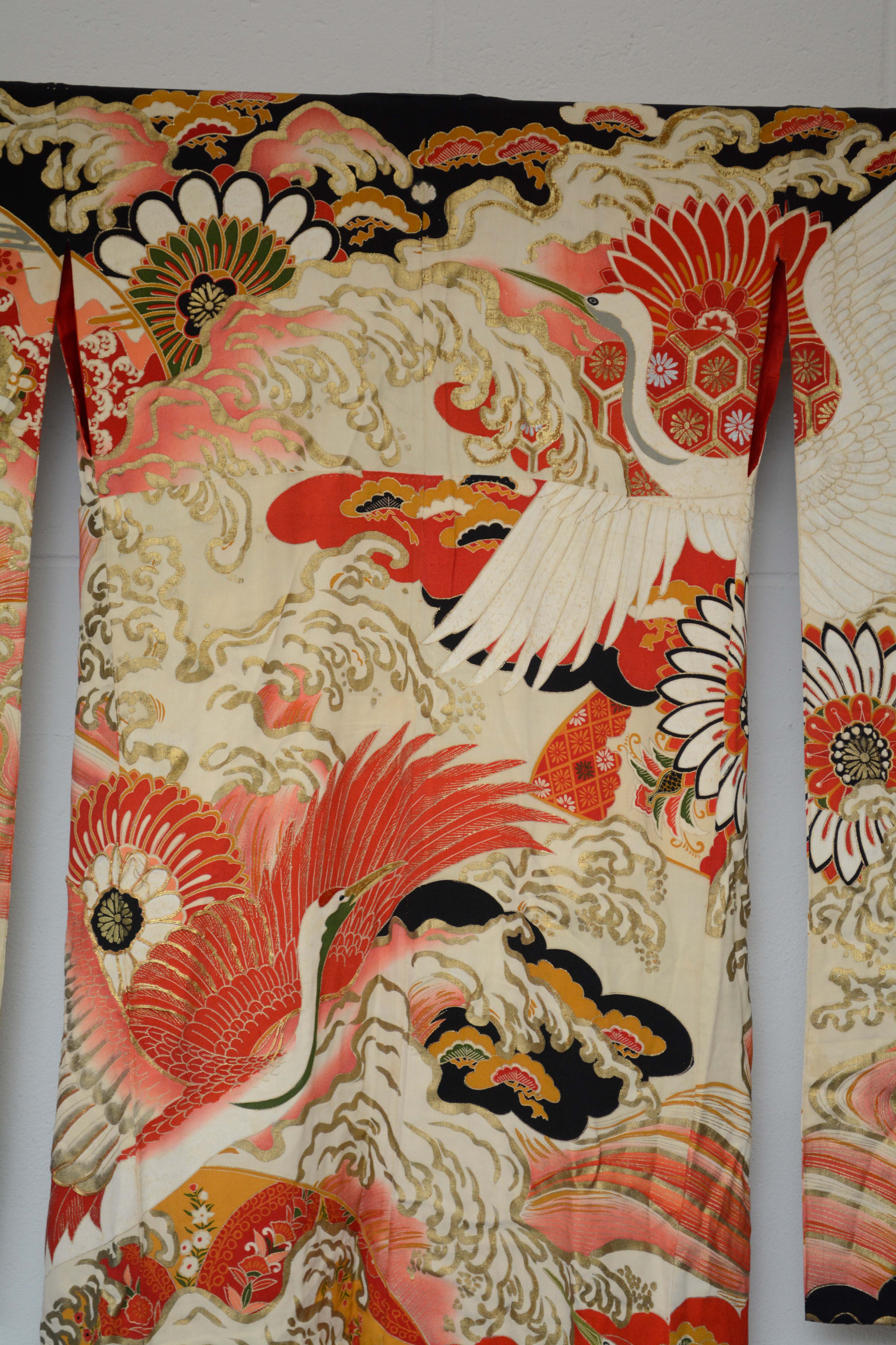 Circa 1925 Vintage Handwoven Silk Crepe Formal Crested Furisode Kimono