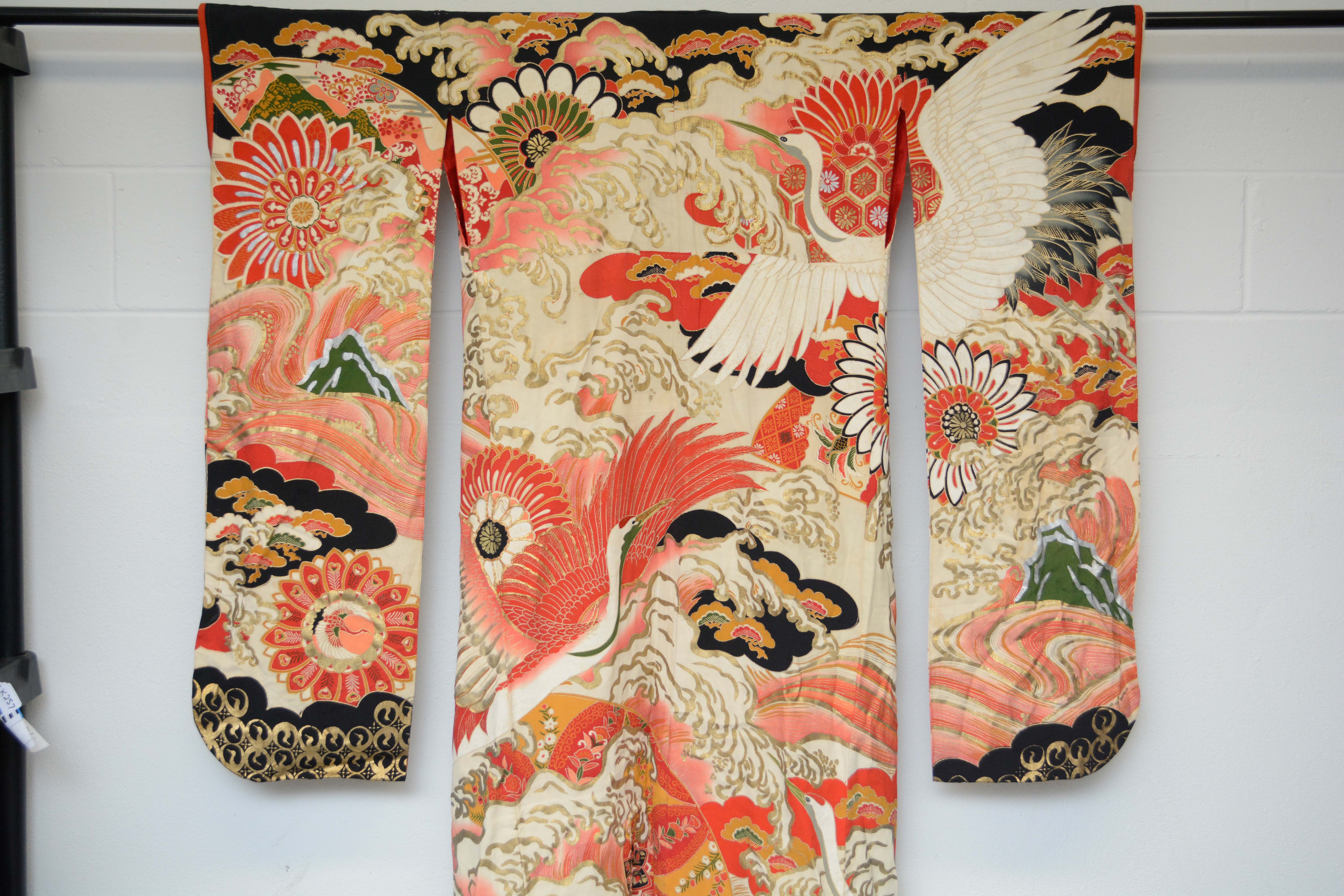 Circa 1925 Vintage Handwoven Silk Crepe Formal Crested Furisode Kimono