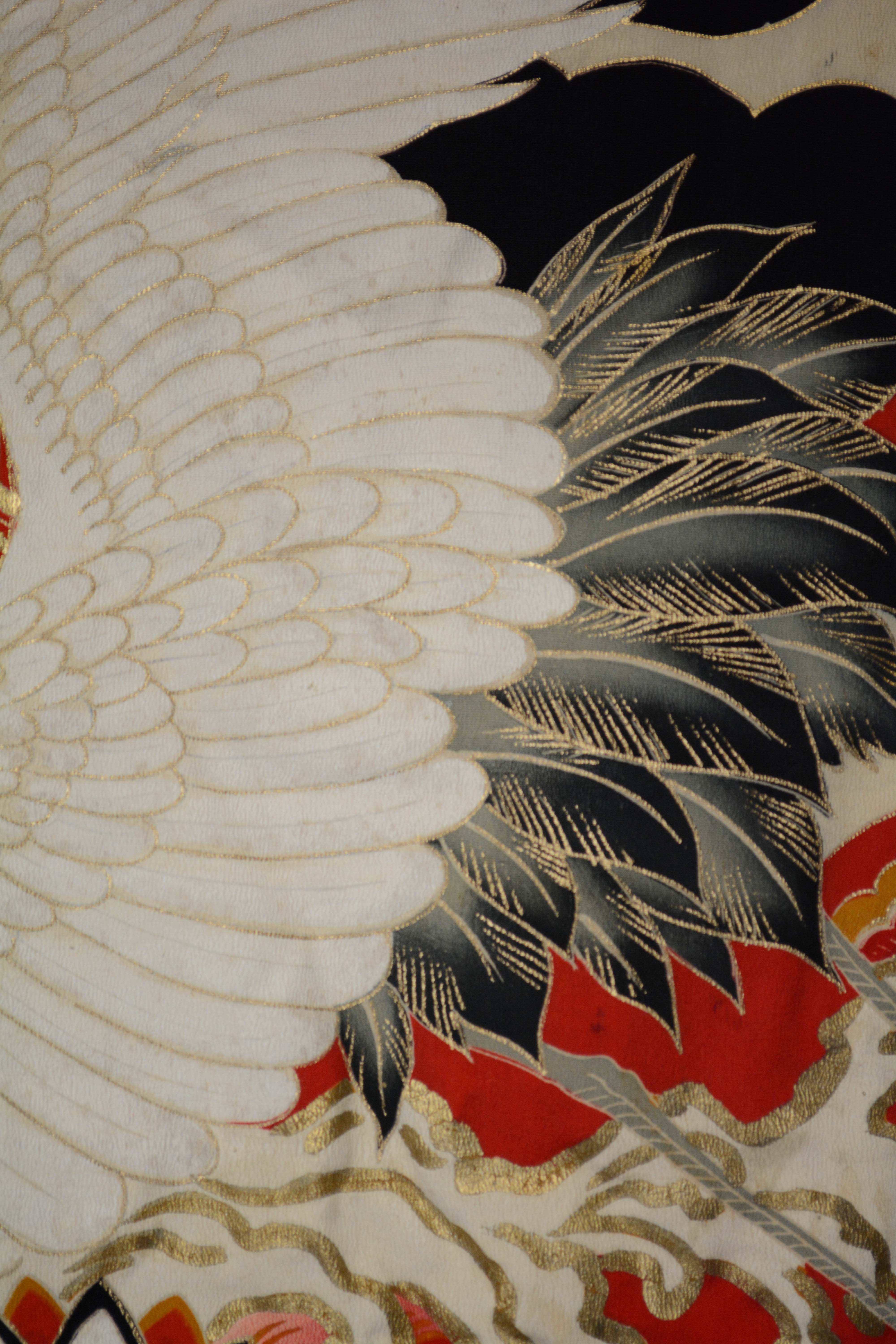 Circa 1925 Vintage Handwoven Silk Crepe Formal Crested Furisode Kimono