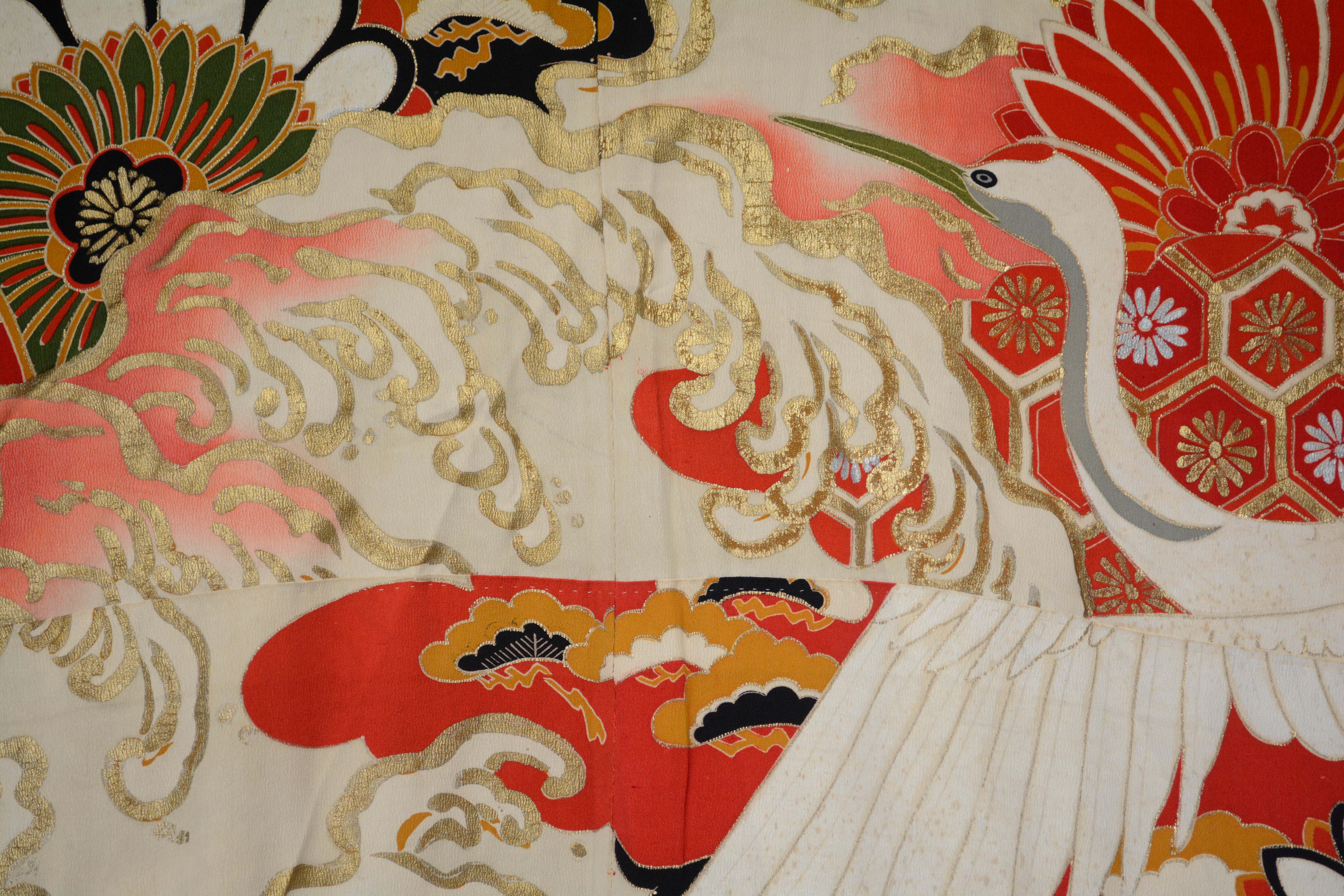 Circa 1925 Vintage Handwoven Silk Crepe Formal Crested Furisode Kimono