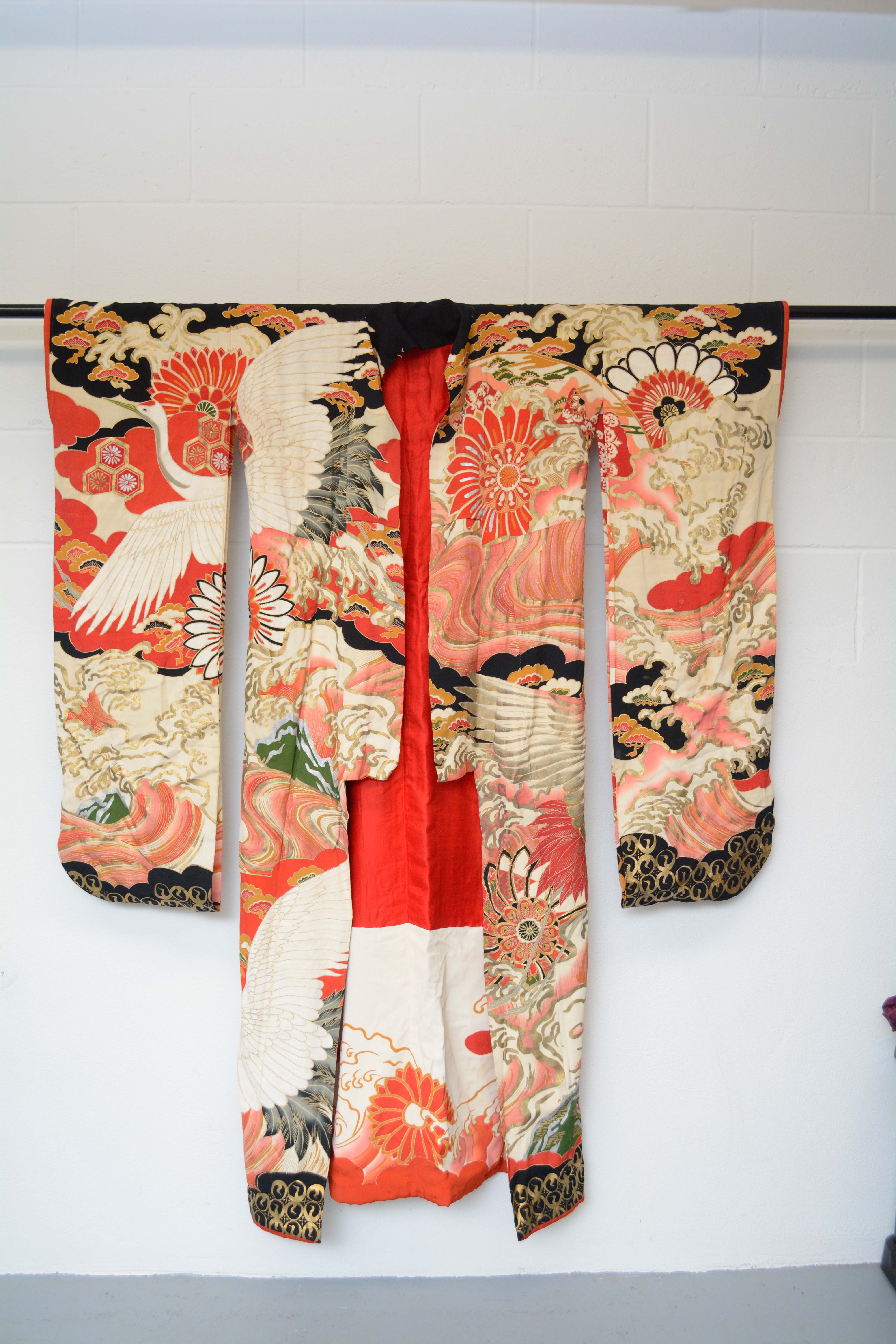 Circa 1925 Vintage Handwoven Silk Crepe Formal Crested Furisode Kimono