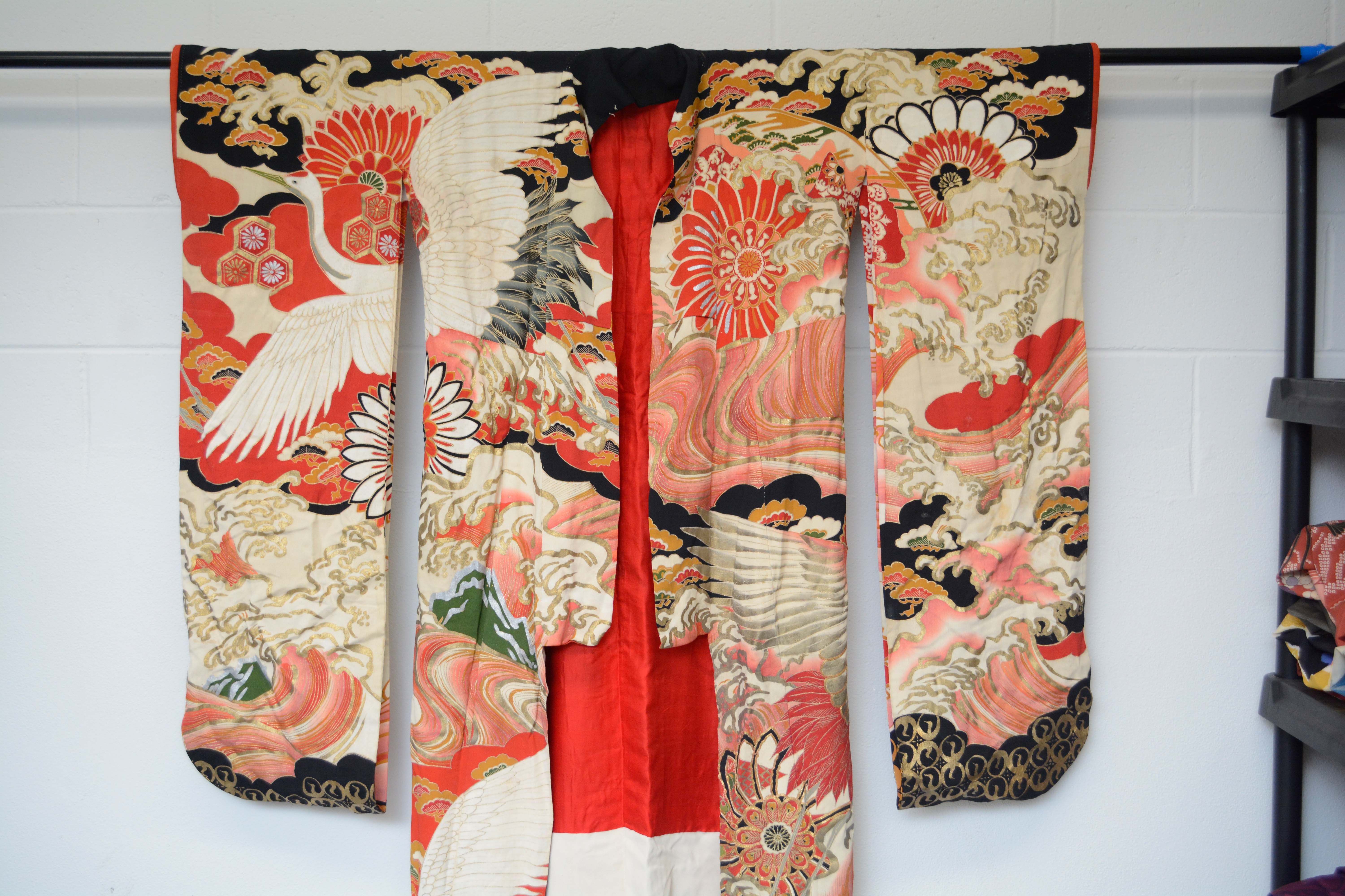 Circa 1925 Vintage Handwoven Silk Crepe Formal Crested Furisode Kimono