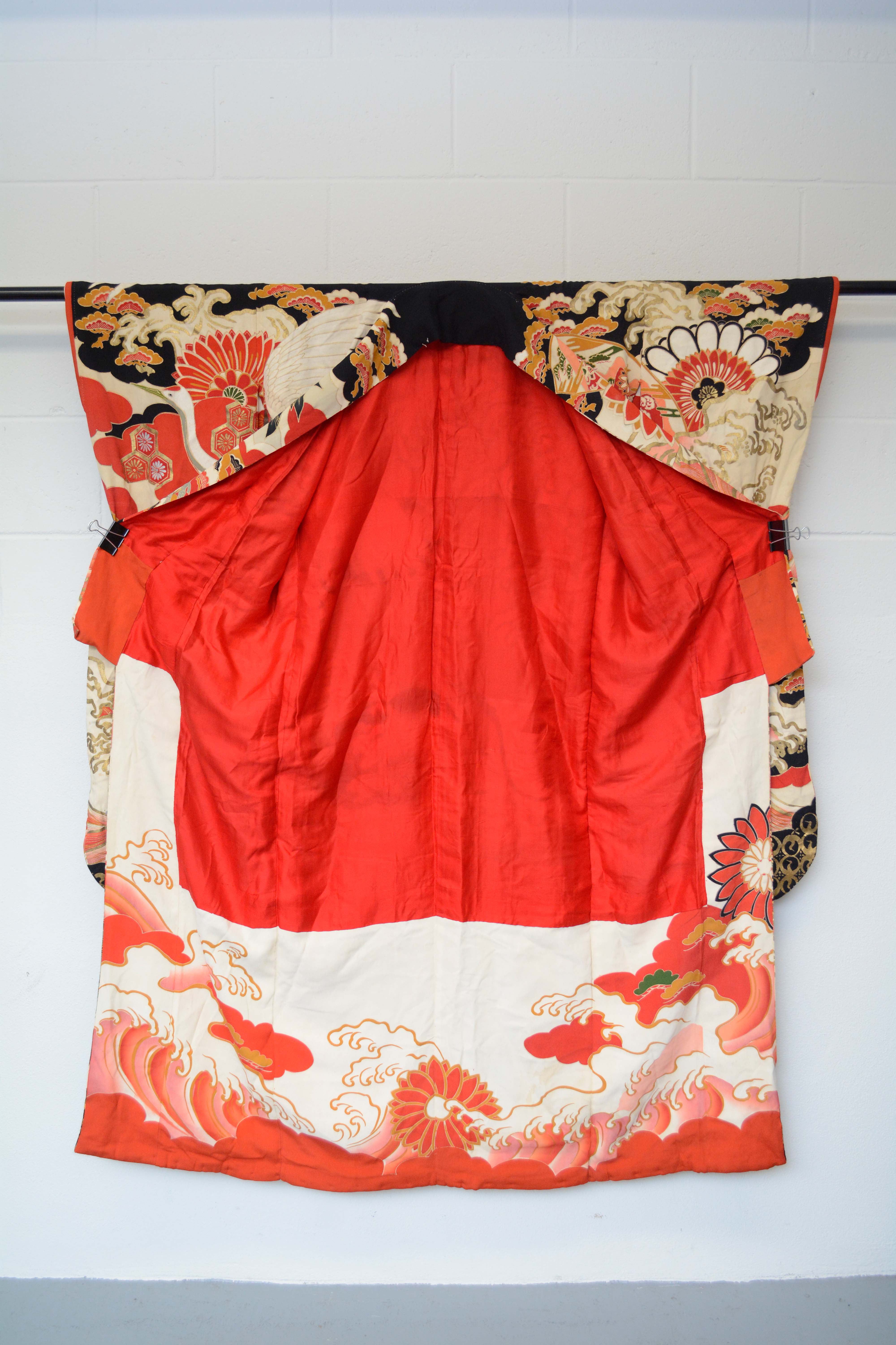 Circa 1925 Vintage Handwoven Silk Crepe Formal Crested Furisode Kimono