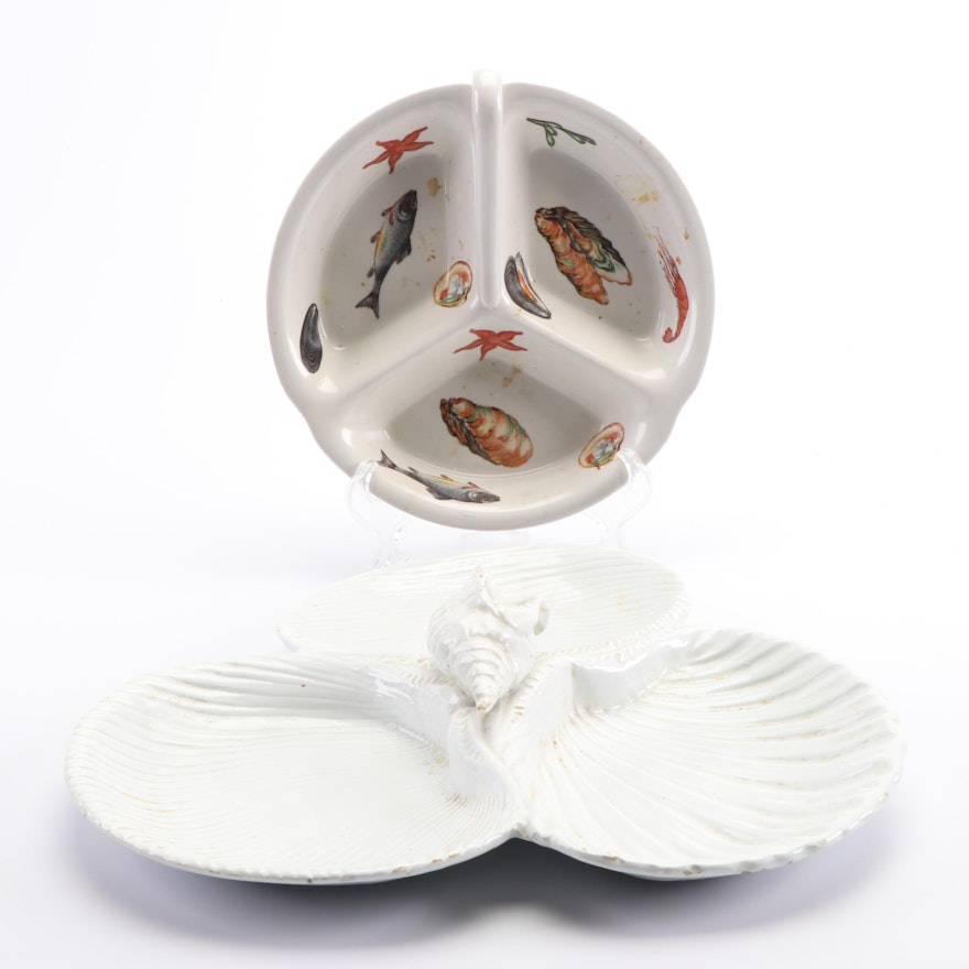 Emaux Limoges Divided Seafood Server With Three-Part Italian Shell Dish