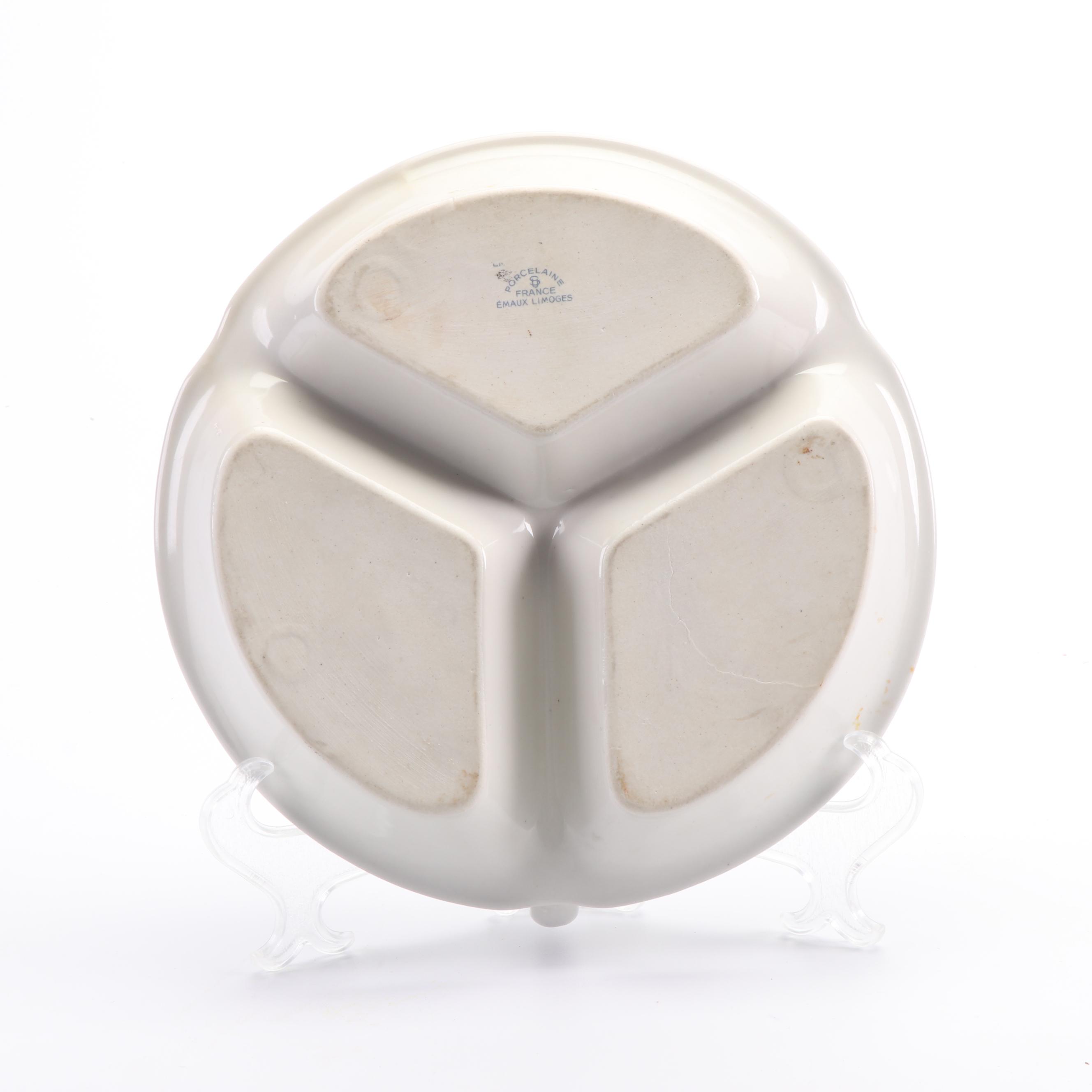 Emaux Limoges Divided Seafood Server With Three-Part Italian Shell Dish