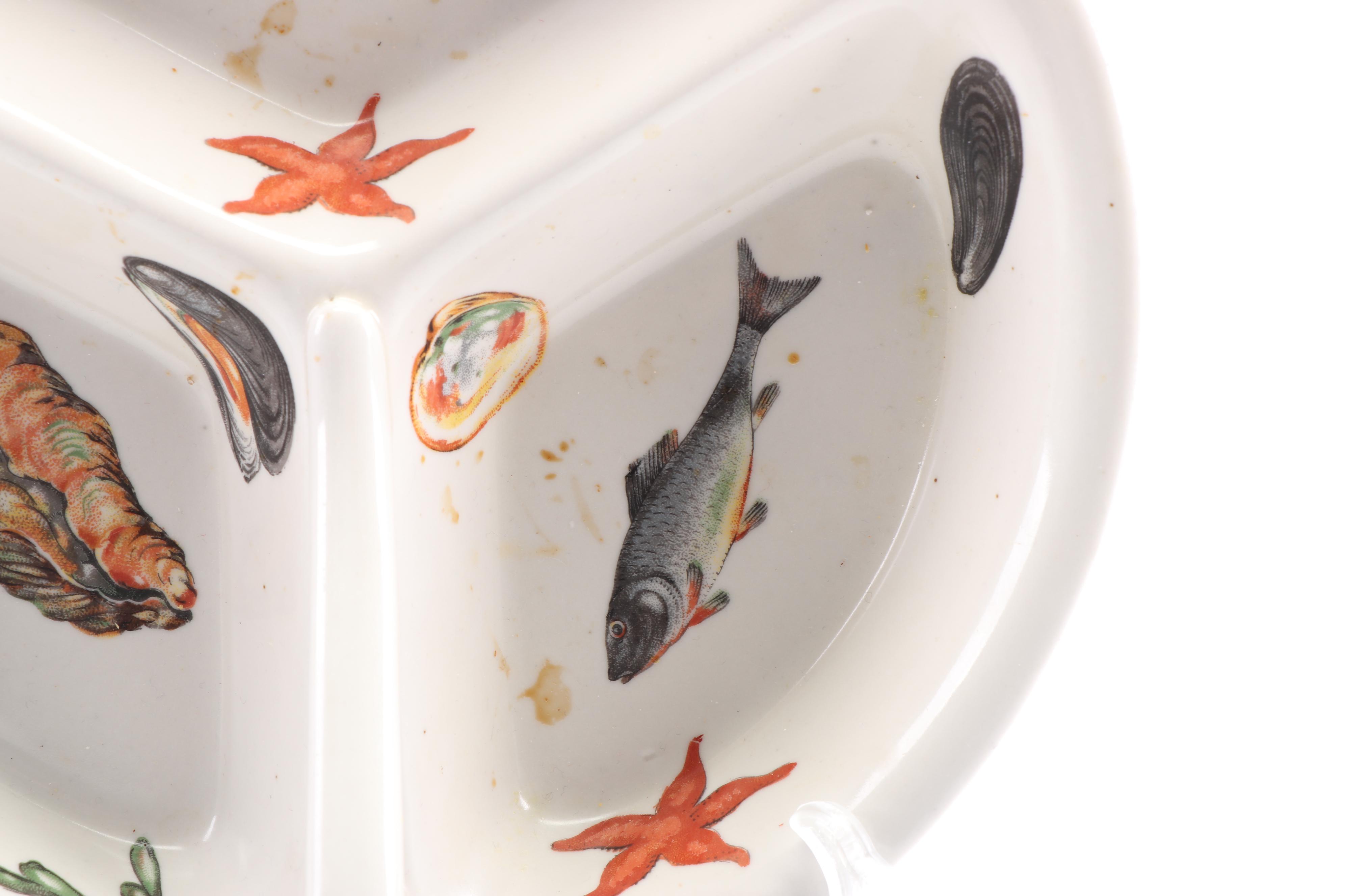 Emaux Limoges Divided Seafood Server With Three-Part Italian Shell Dish