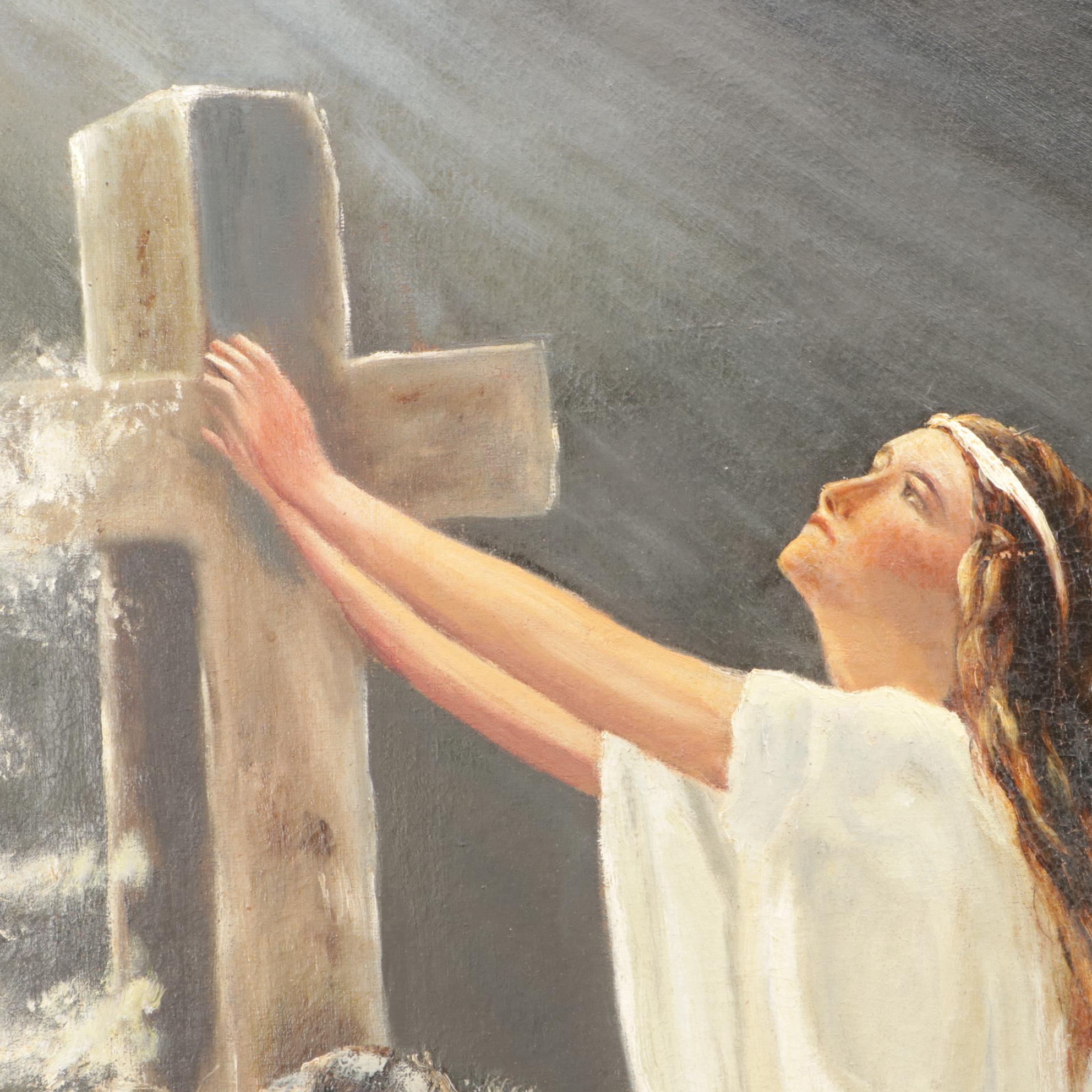 1922 Oil Painting of Woman Kneeling at Cross